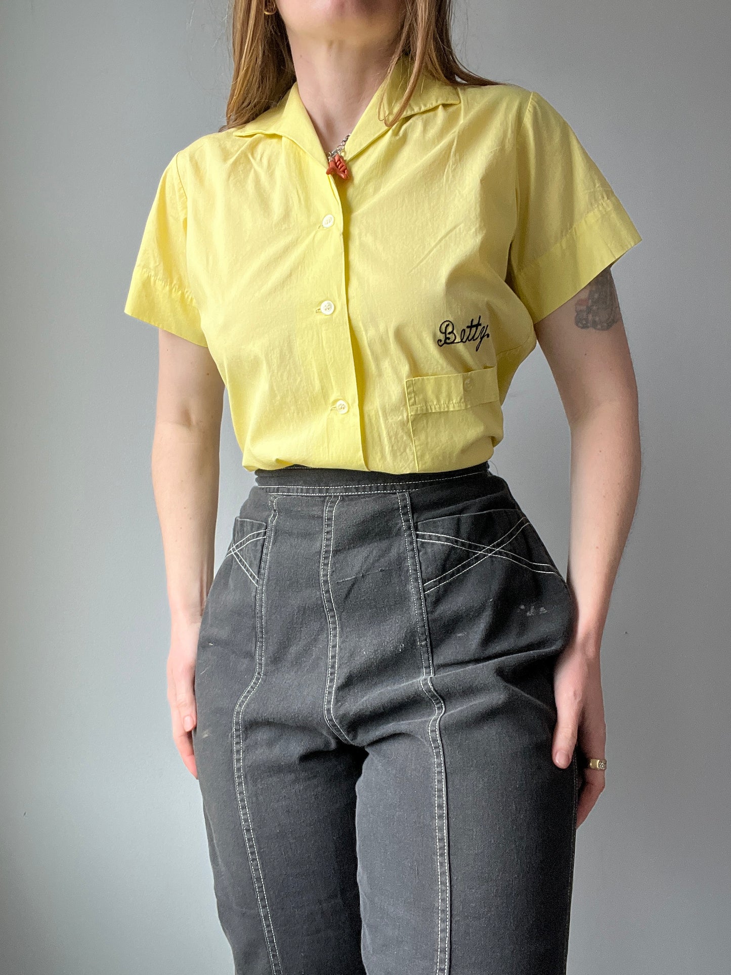 1950s Chainstitched Yellow Bowling Shirt M