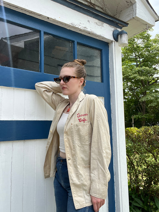 Antique 1930s Linen Button Up Jacket Chainstitched