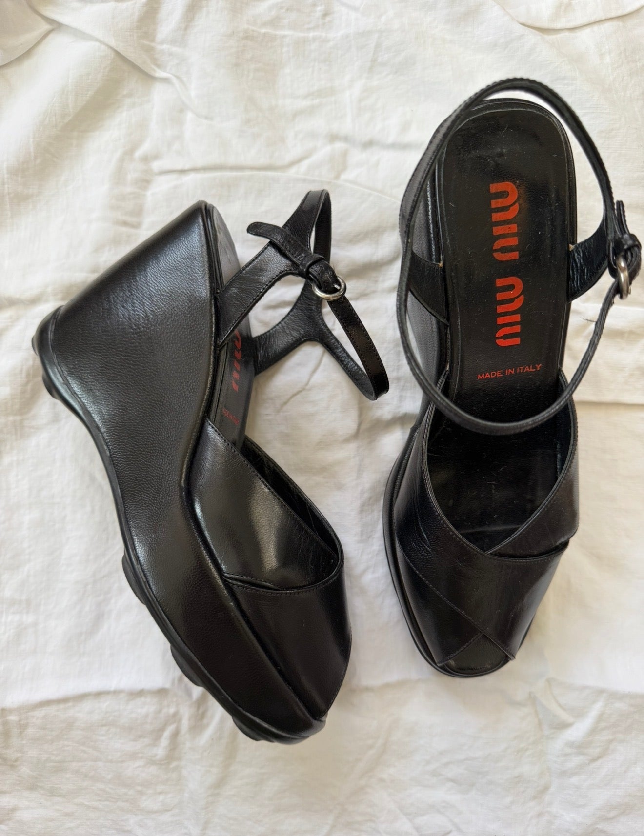 Vintage 1990s Miu Miu Black Leather Peep Toe Wedges 39