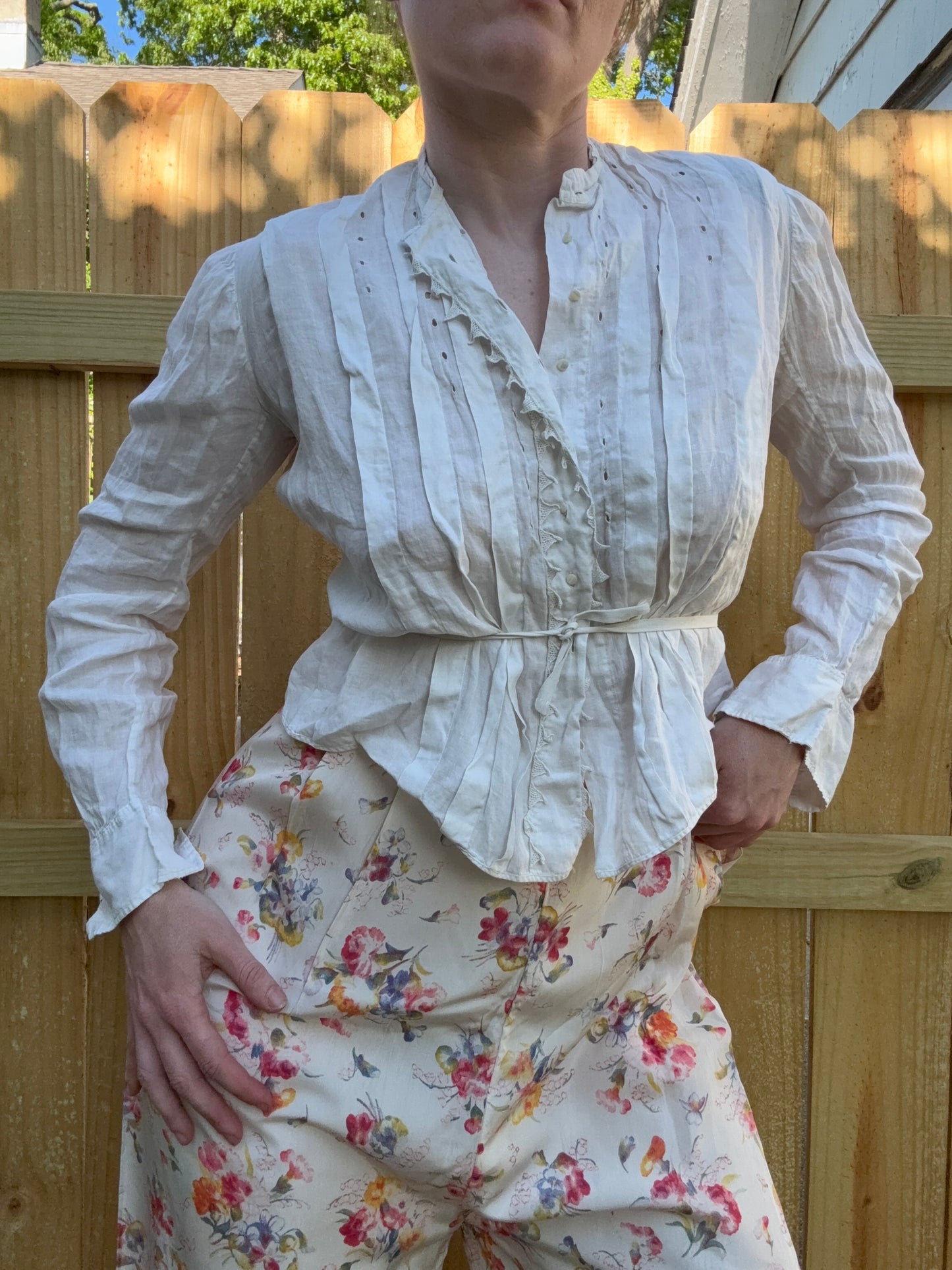 Antique Victorian Cotton White Blouse with Tie S