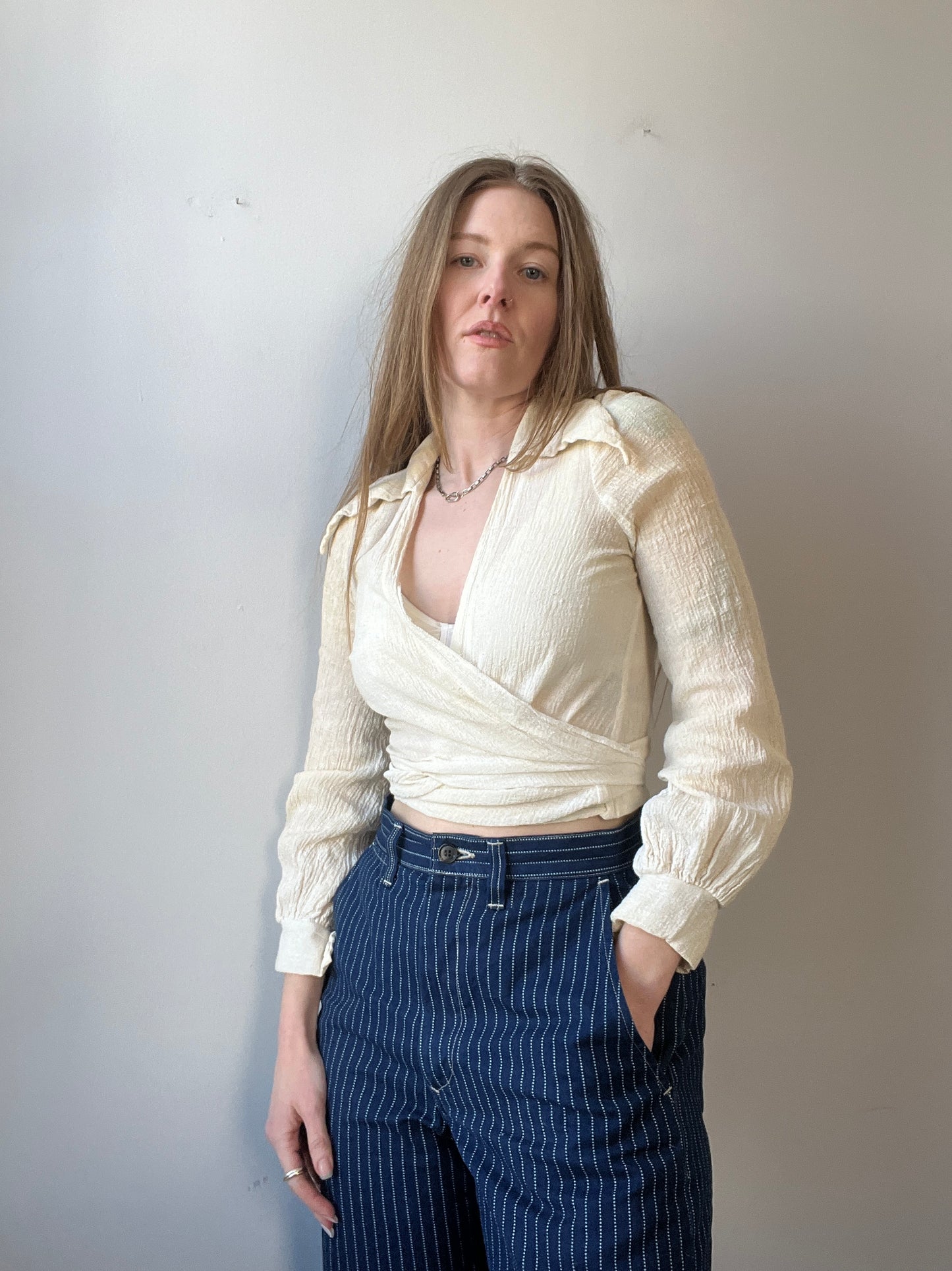 1970s Gauzy Cotton Ivory Wrap Blouse