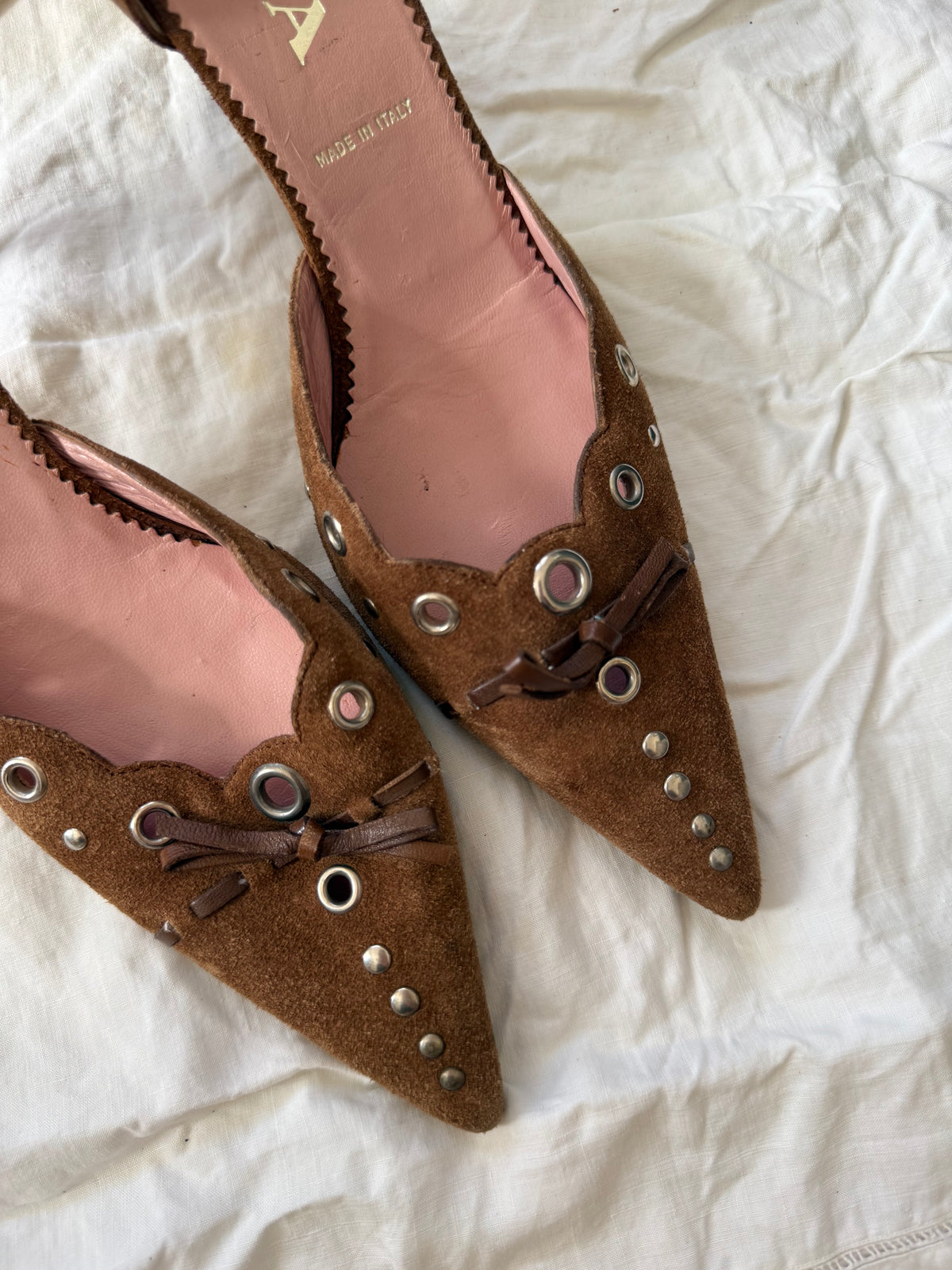 Vintage Prada Brown Suede Grommet Heels 37
