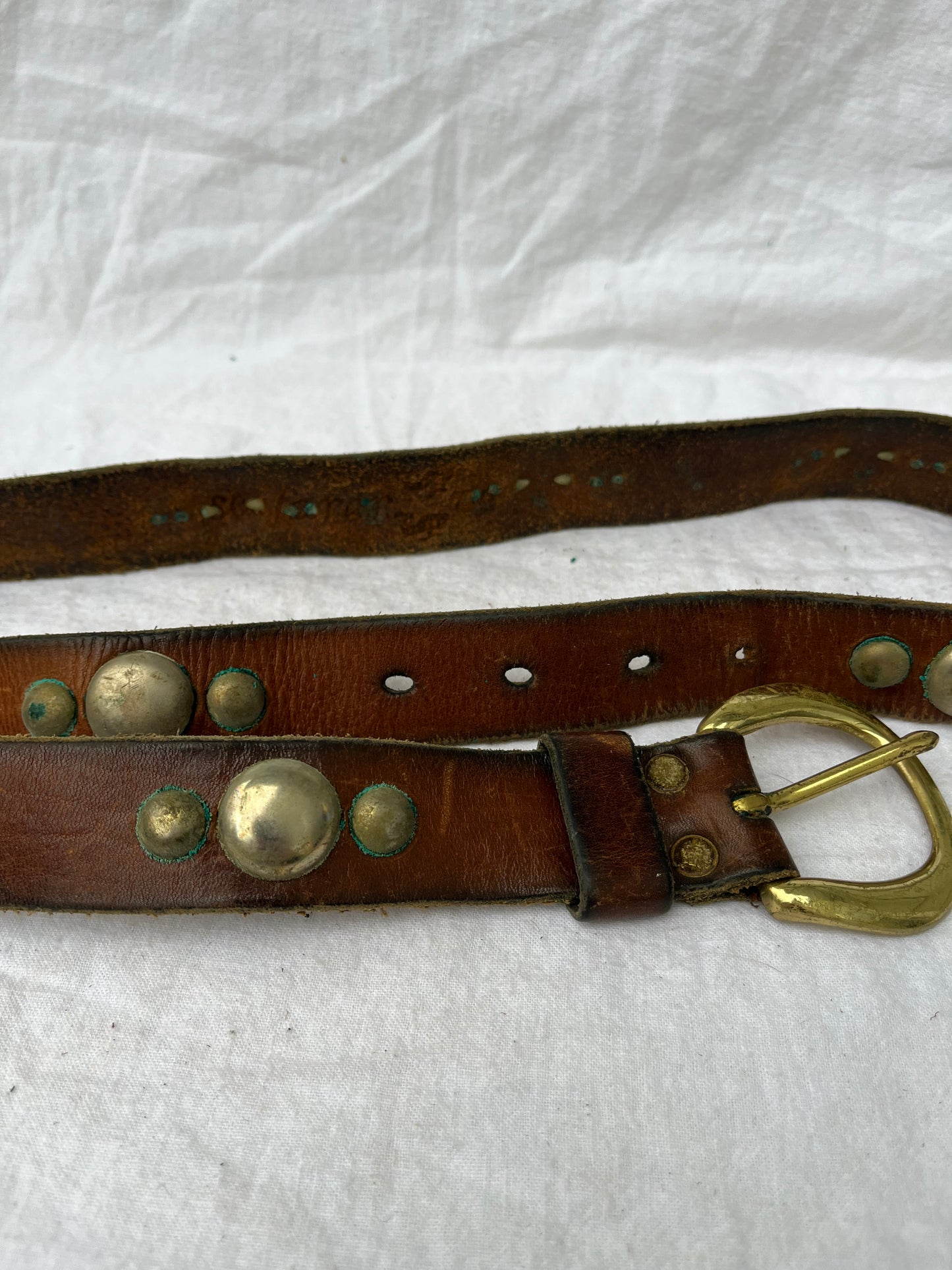 Brown Studded Leather Belt with Brass Buckle 35”-38.5”