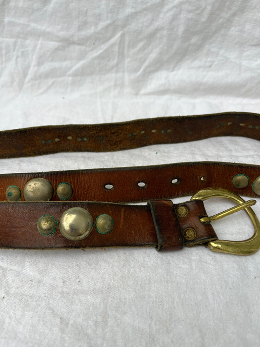 Brown Studded Leather Belt with Brass Buckle 35”-38.5”
