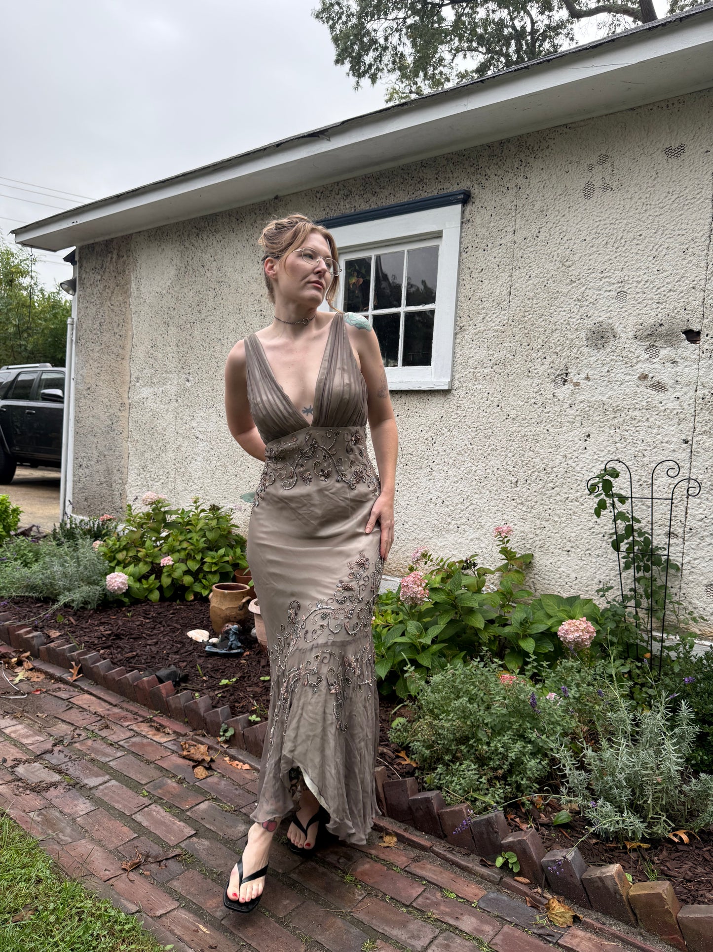 1990s 100% Silk & Beaded Scala Dress L