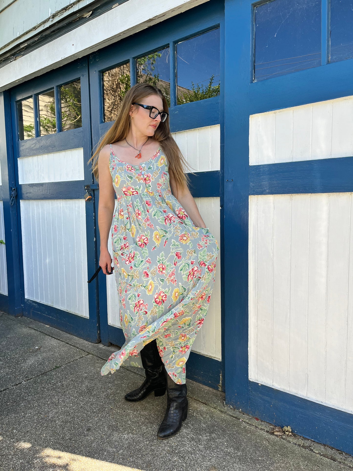 100% Rayon Blue Floral Maxi Dress