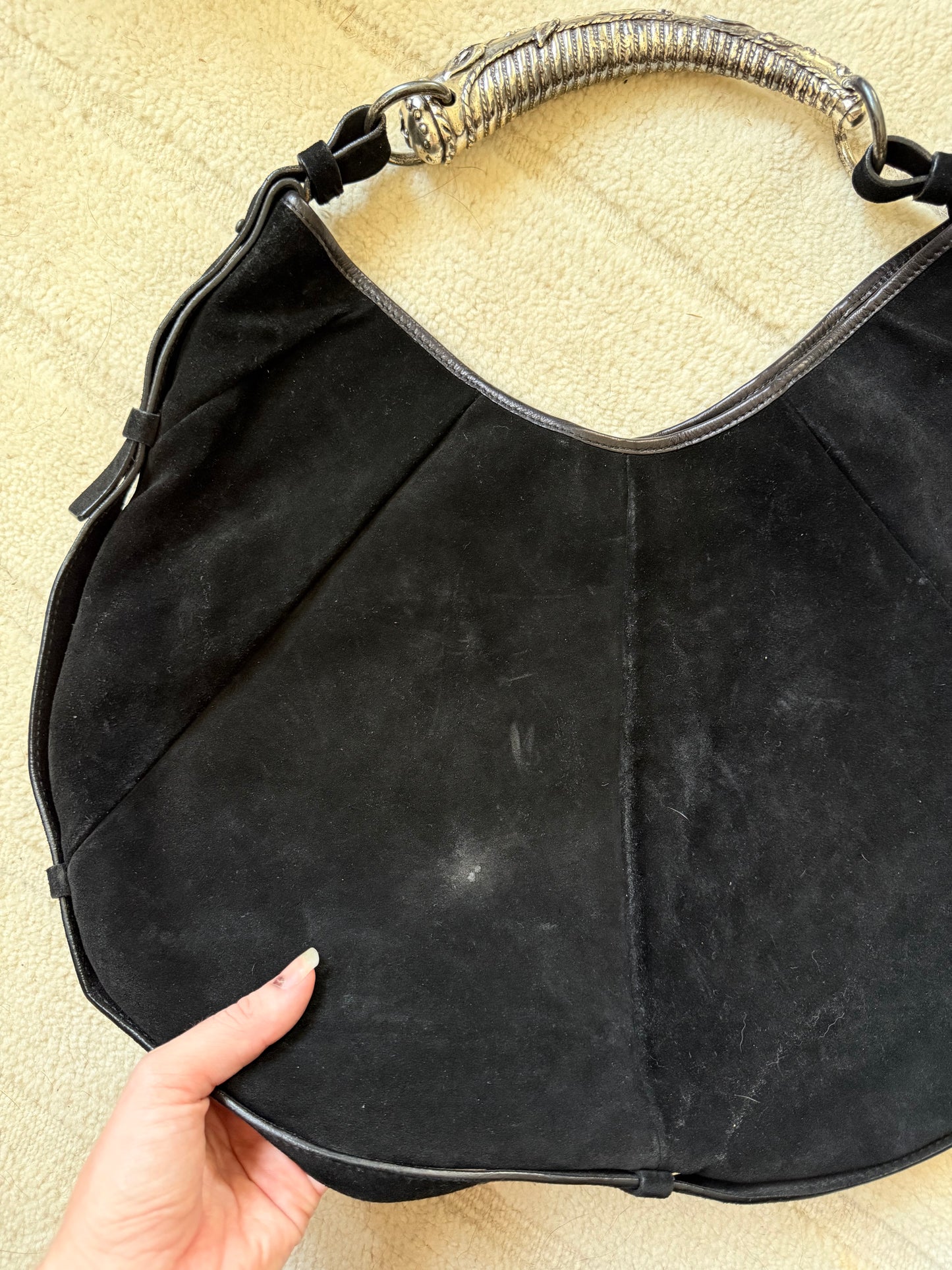Vintage YSL Mombasa Black Suede Purse with Metal Horn