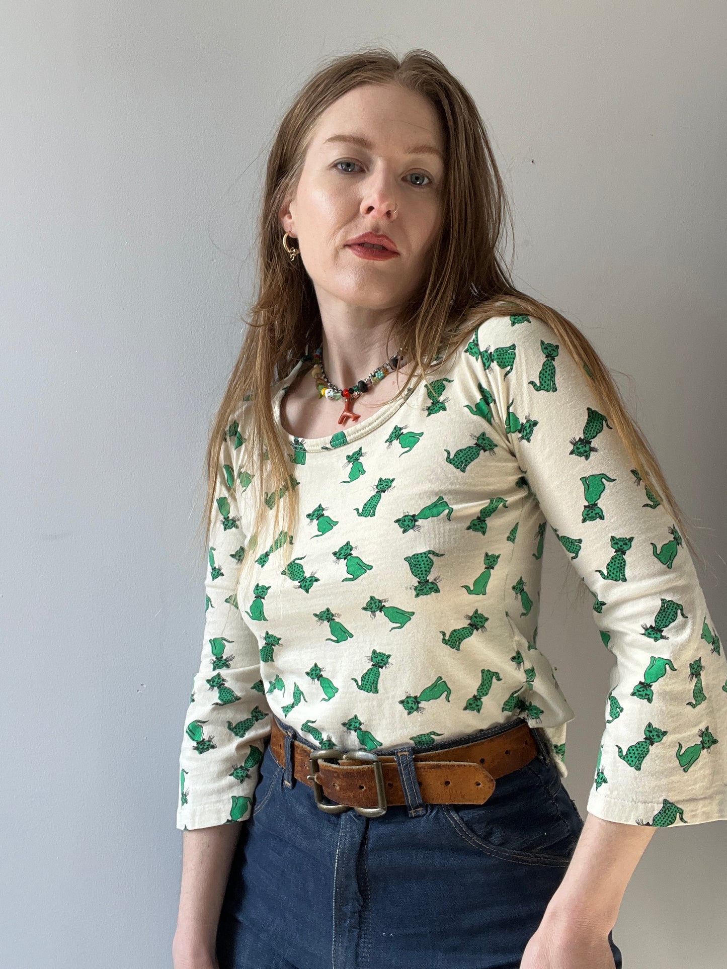 1970s All Over Kitty Cat Print Shirt S/M