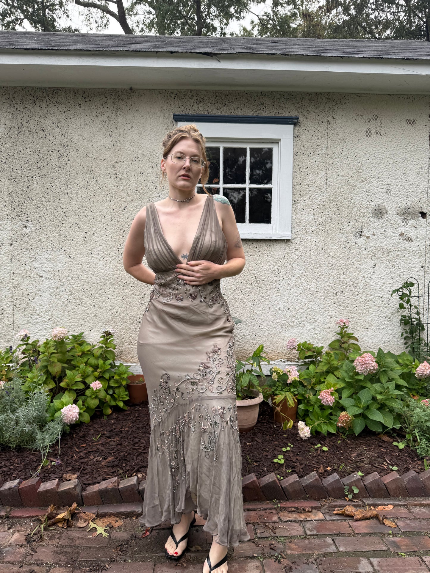 1990s 100% Silk & Beaded Scala Dress L