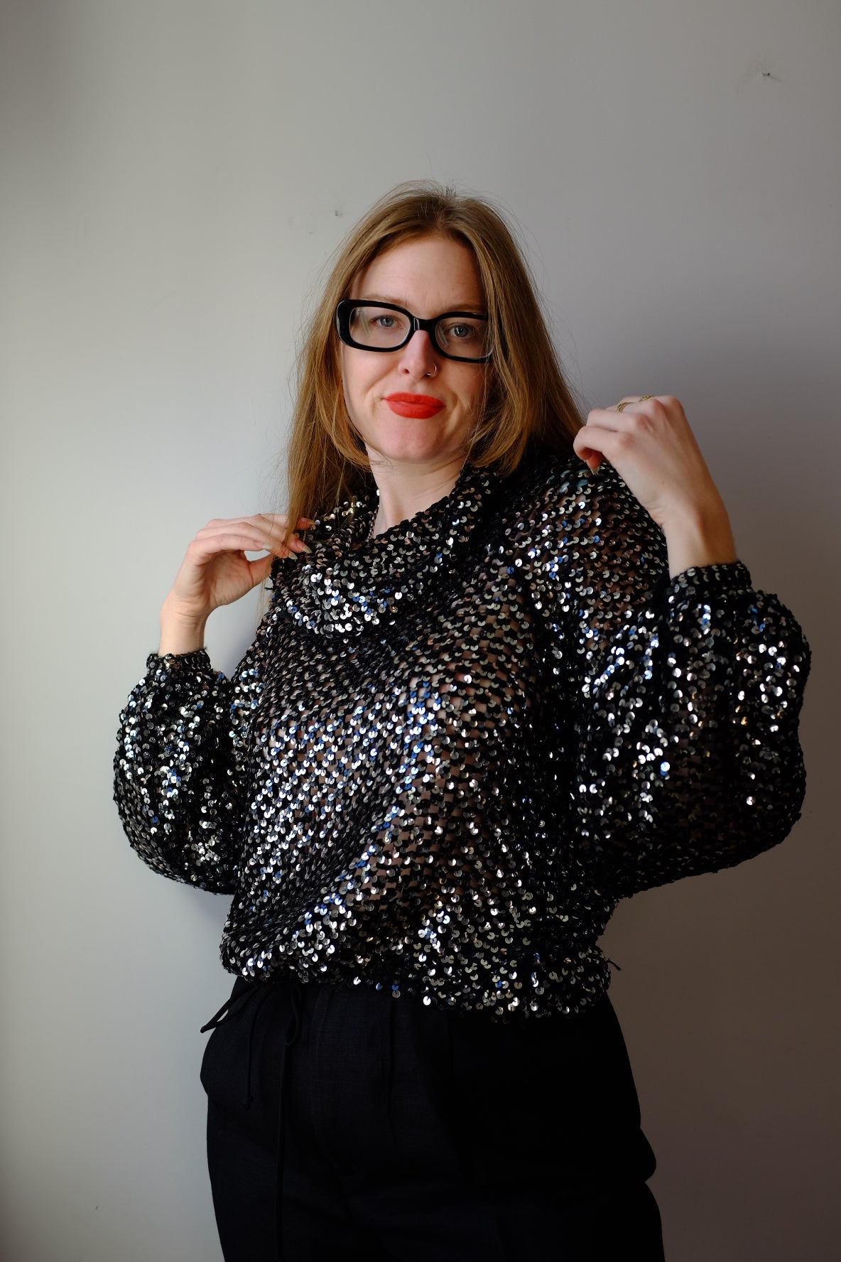 1970s Sequin Balloon Sleeve Blouse M