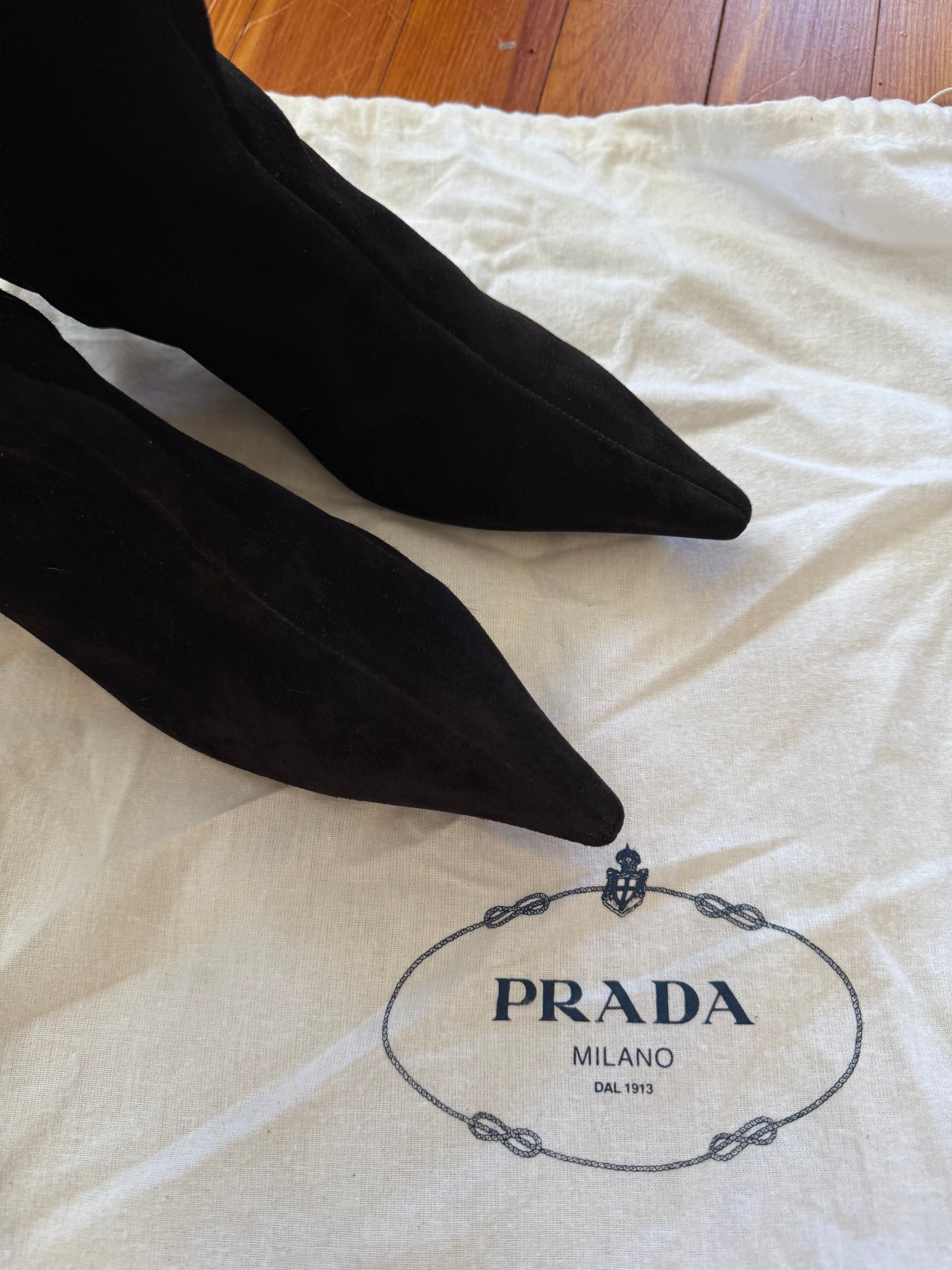 1990s/Y2K Black Suede Prada Knee Boots 37 7/7.5