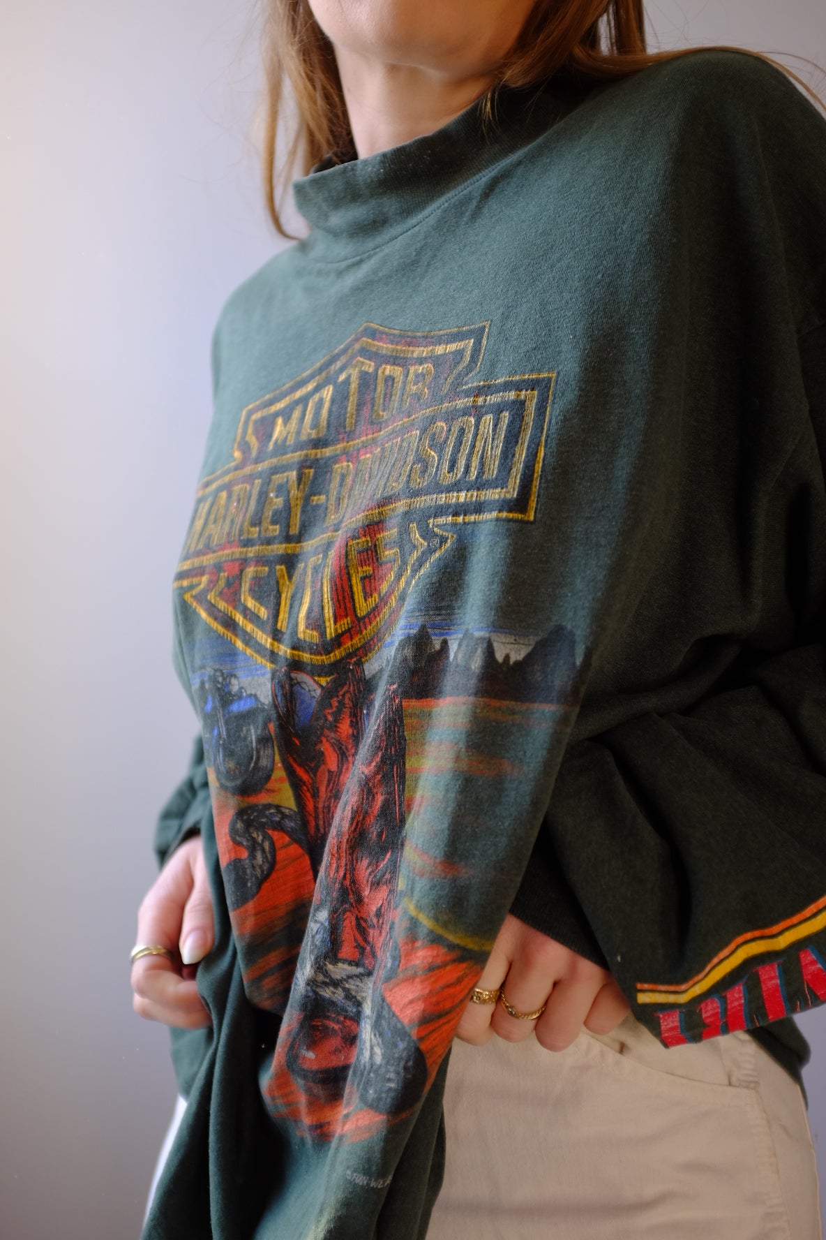 1980s Harley Davidson Long Sleeve with Cowboy Boot and Snake Graphic XL