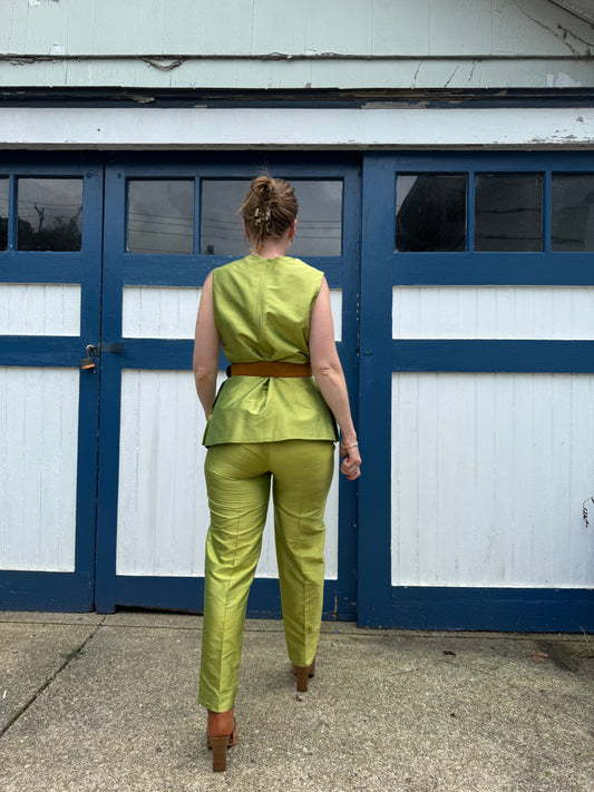 100% Silk Green 2 Piece Set 1990s