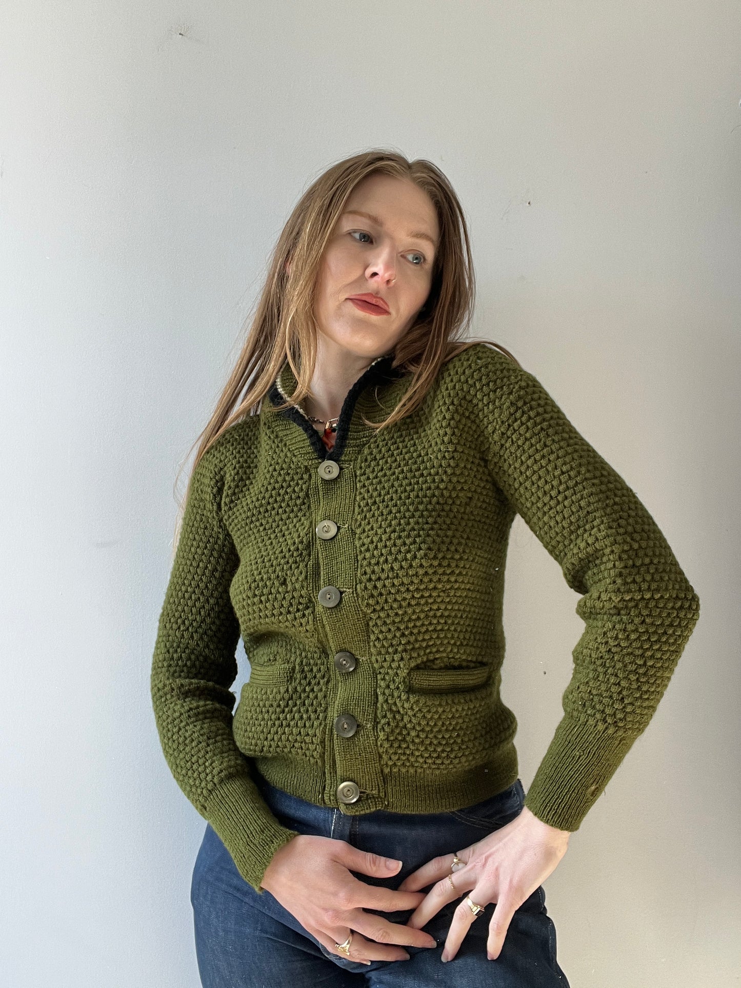 1950s Avocado Green Pennleigh Knit Shawl Sweater S