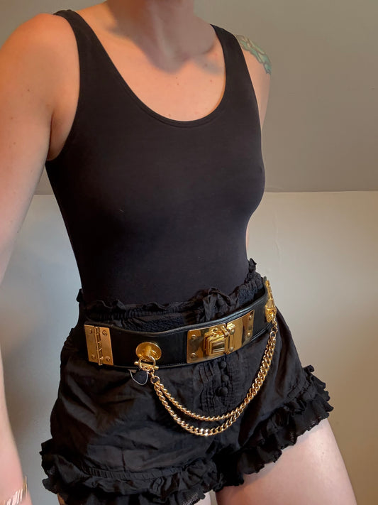 Black Leather & Gold Chain Belt