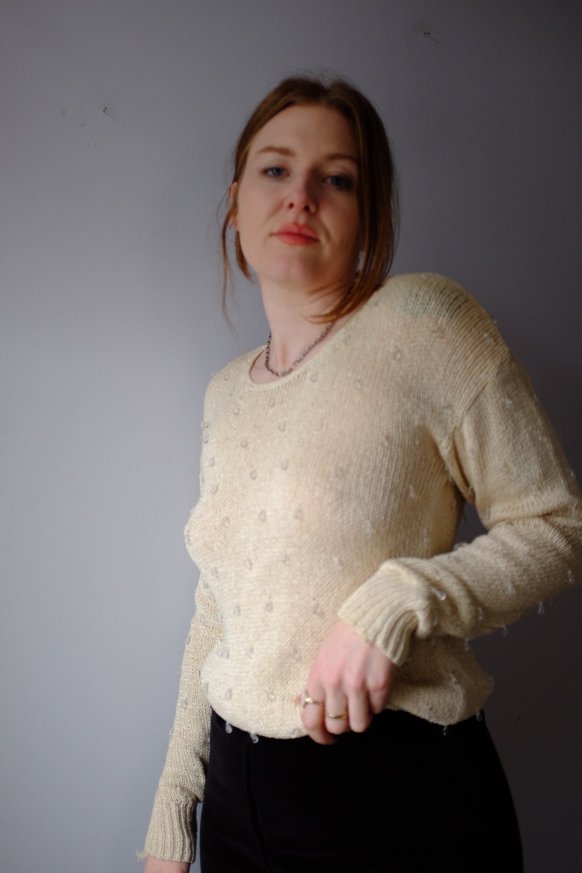 1980’s Cream Liz Wear Sweater with Beads S/M