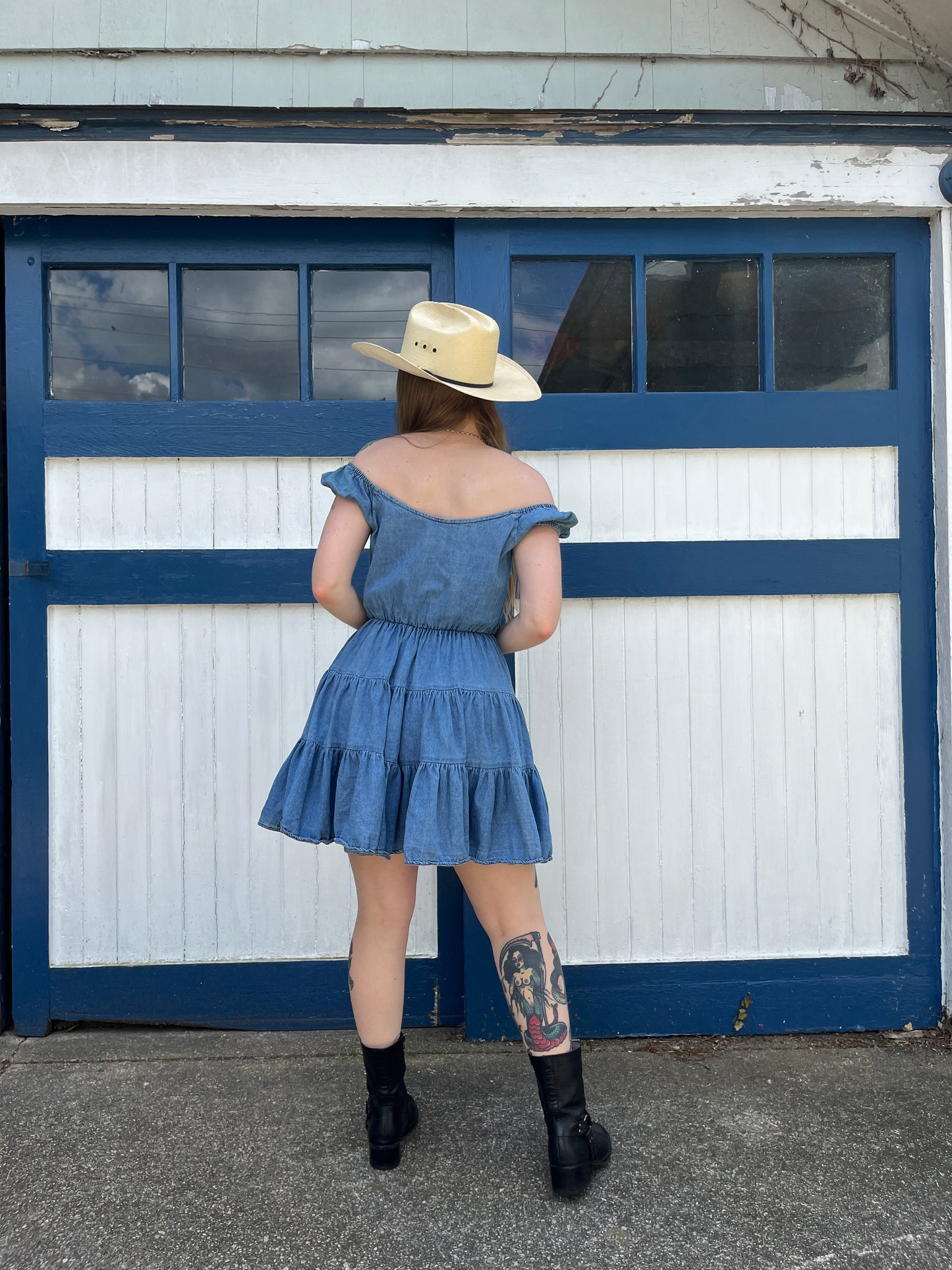 1980s Denim Off The Shoulder Ruffle Dress