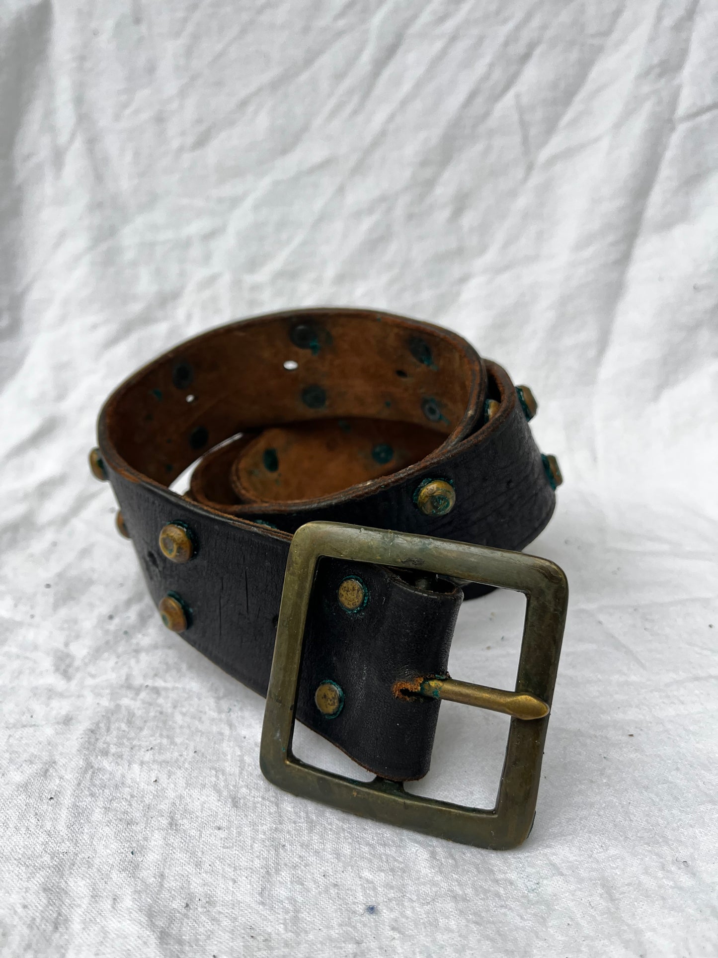 Black Leather Brass Studded Belt 32”-36”