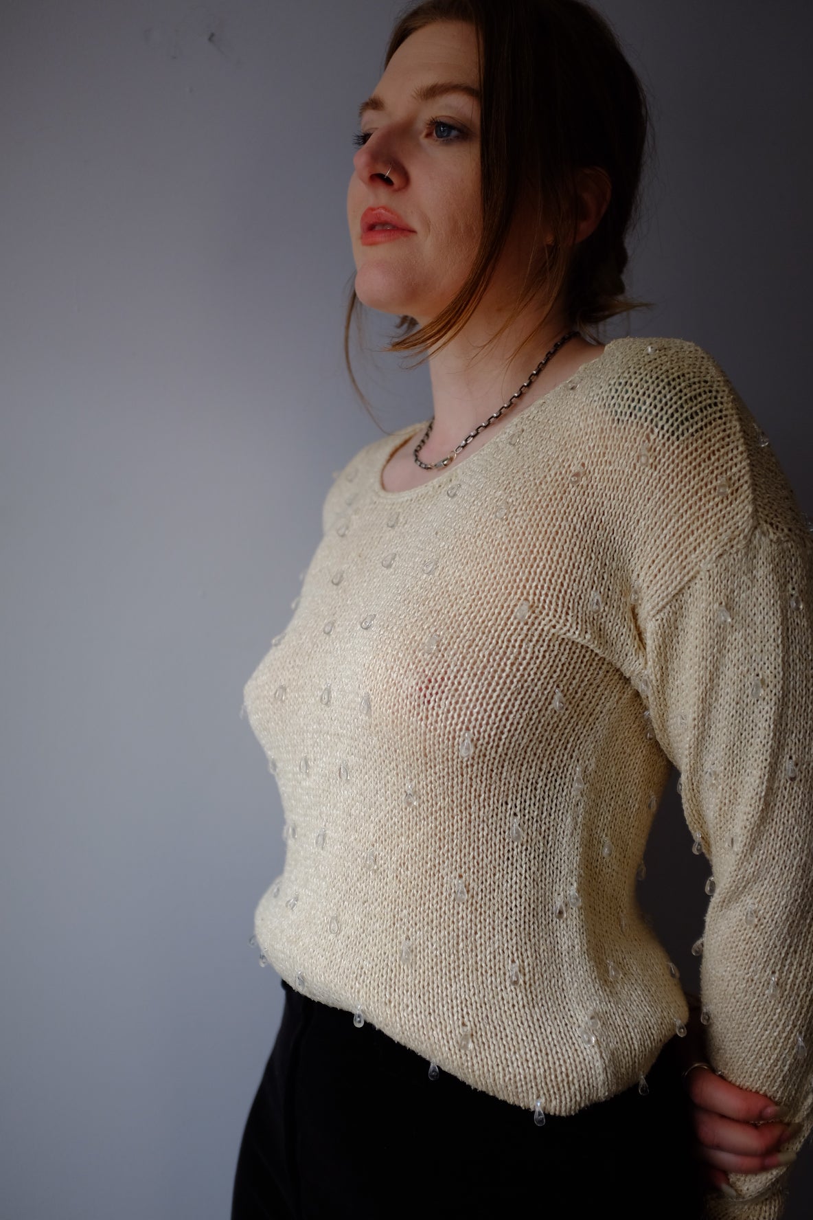 1980’s Cream Liz Wear Sweater with Beads S/M