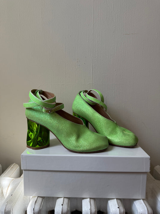 Maison Margiela Green Sparkly Dented Heel Lace Up Heels