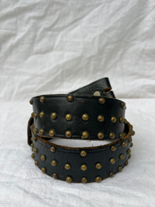 Black Leather Belt with Brass Studs 27”-32”