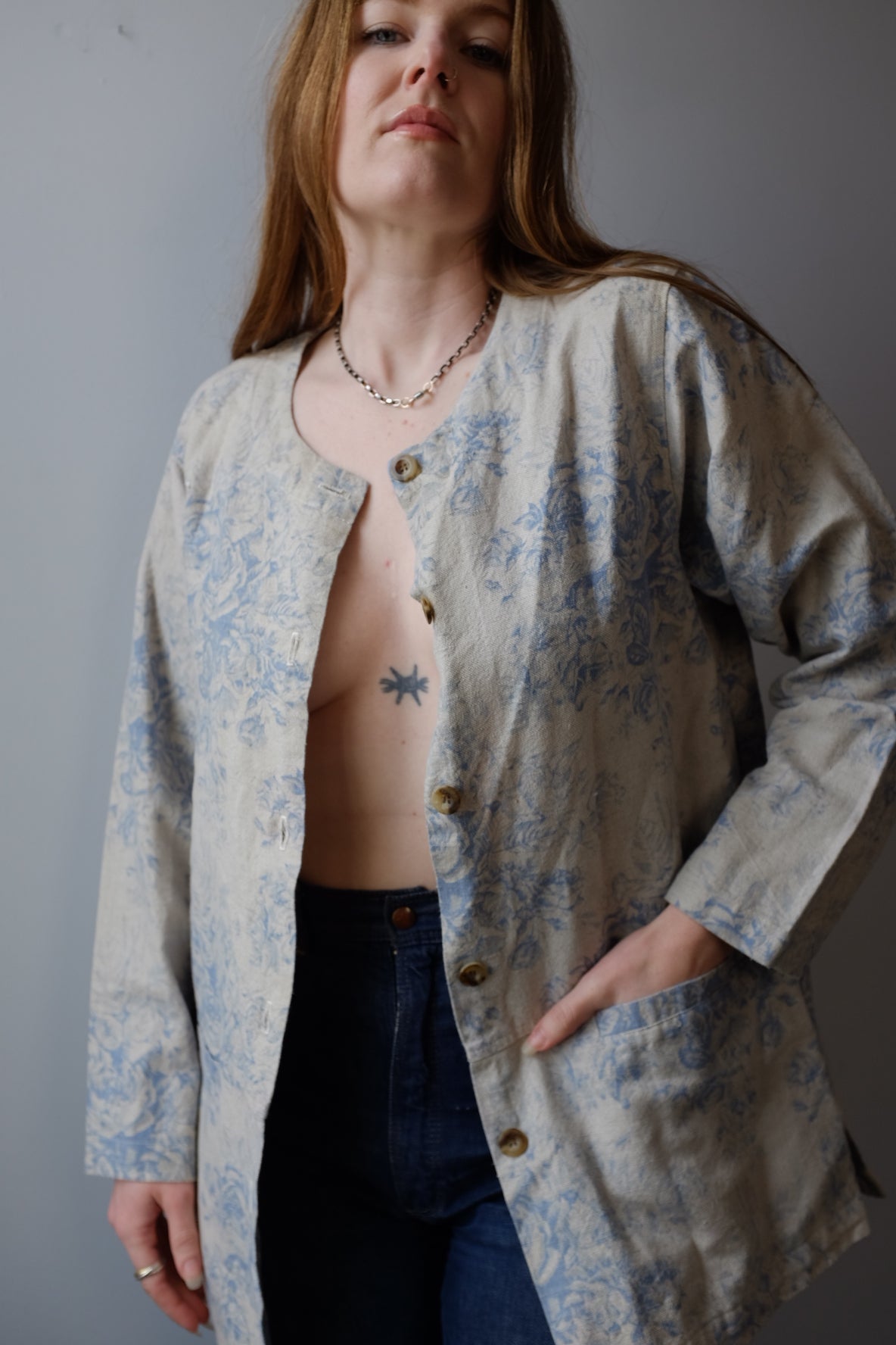 1990s Linen/Cotton Printed Chore Coat L