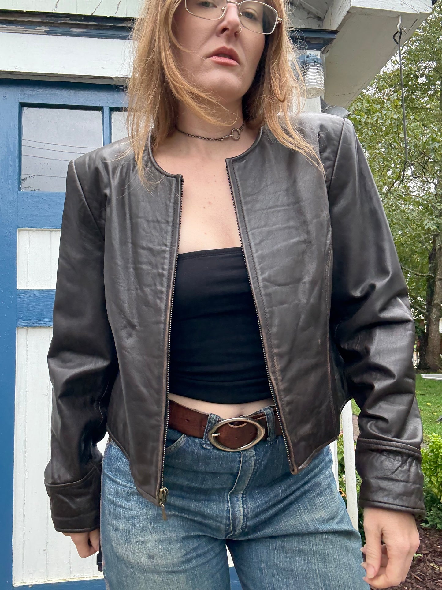 1980s Lord & Taylor Brown Leather Cropped Jacket