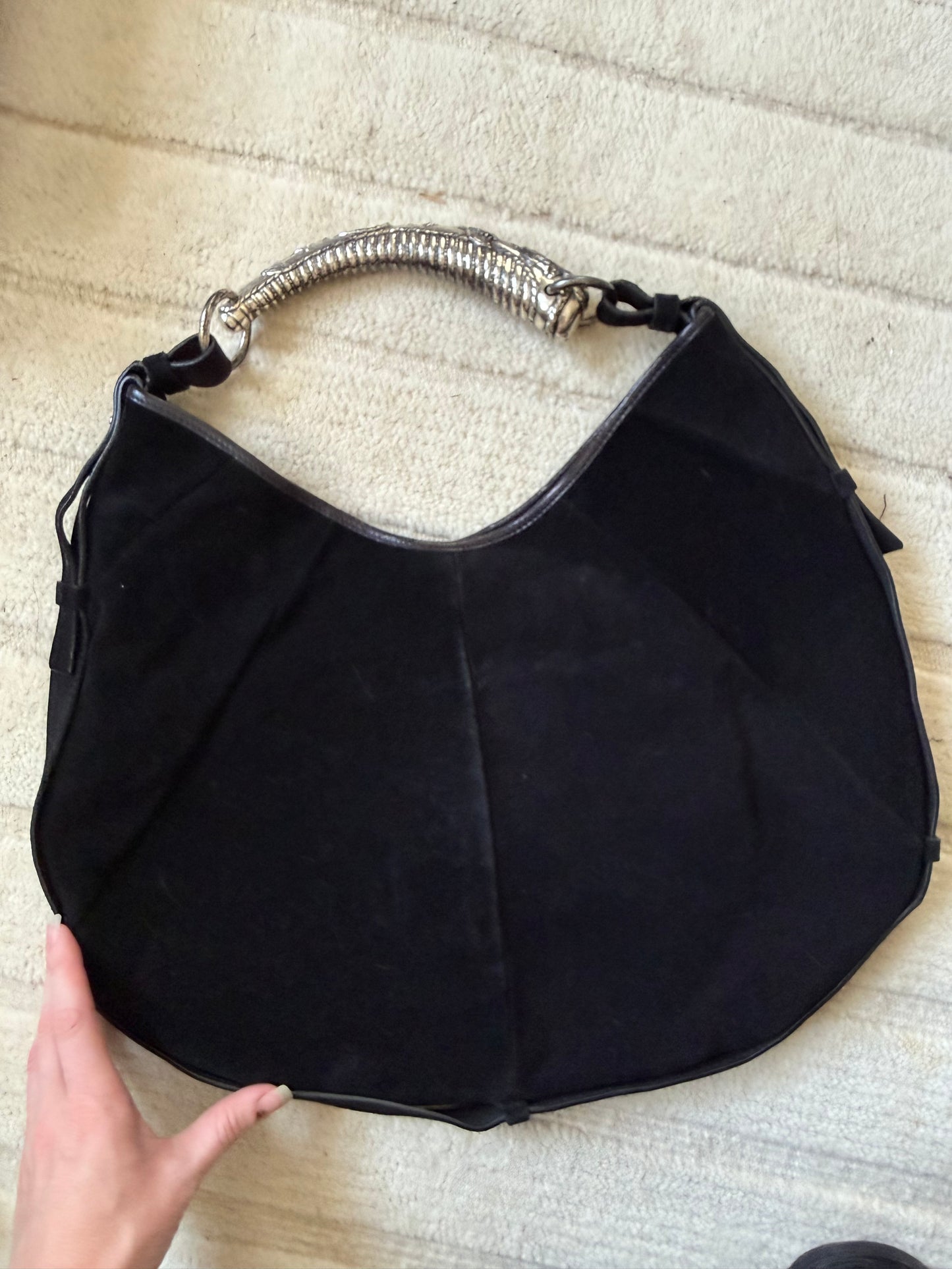 Vintage YSL Mombasa Black Suede Purse with Metal Horn