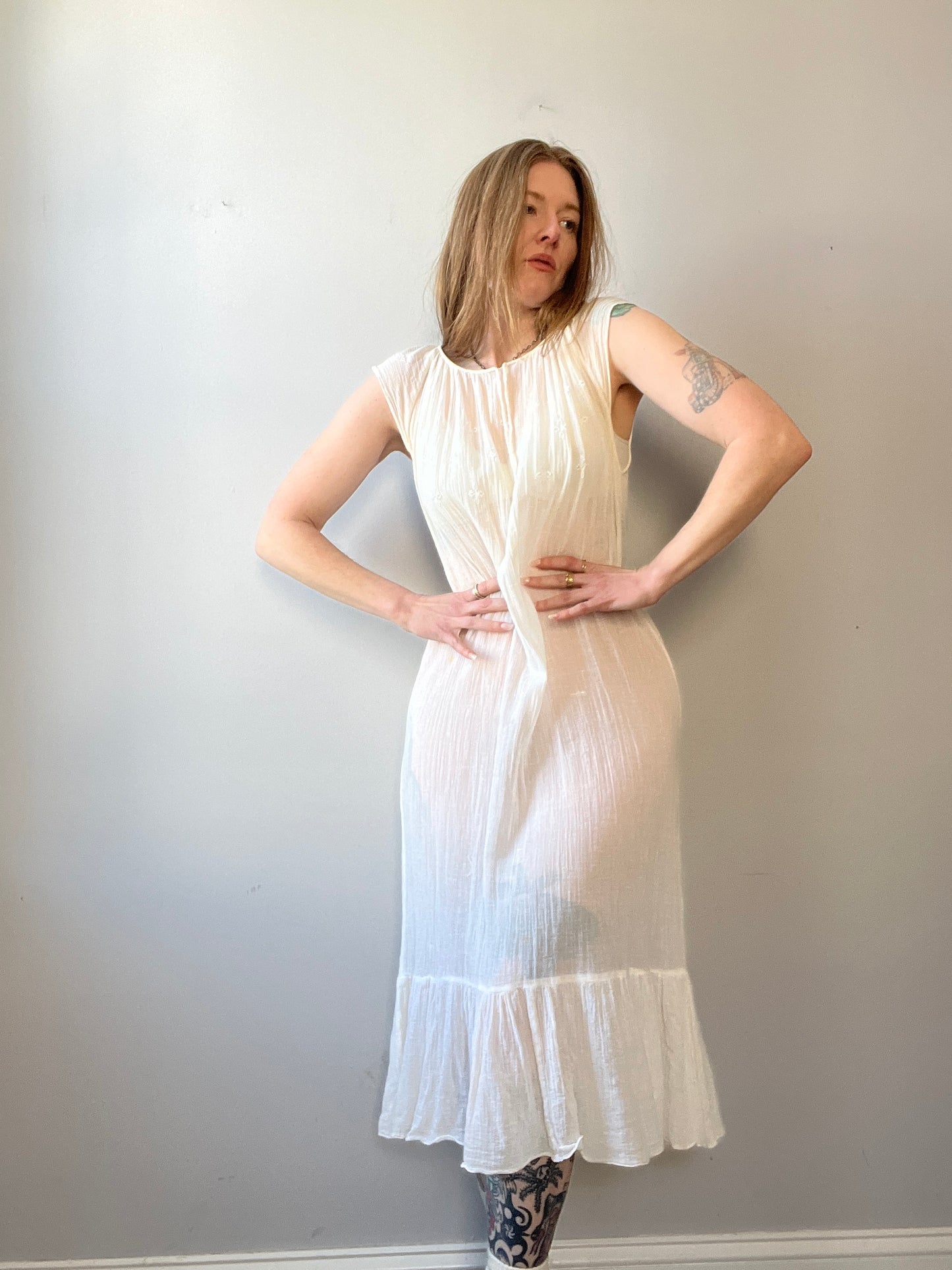 1970s Cotton Semi Sheer Dress