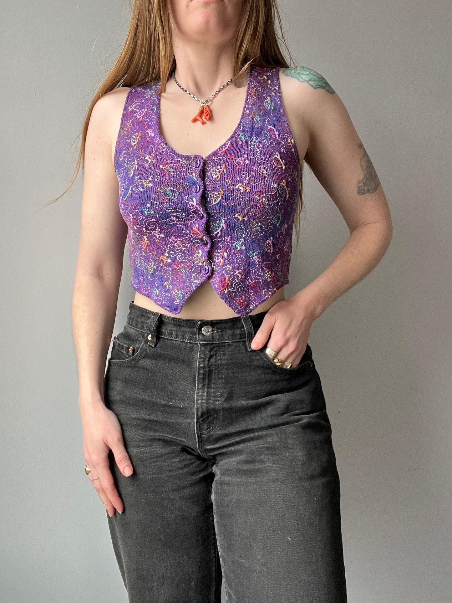 1970s Embroidered Purple Cropped Small Vest XS/S