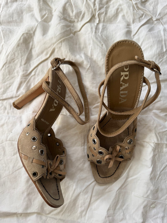 Vintage Cream Suede Leather Prada Grommet Pumps 36