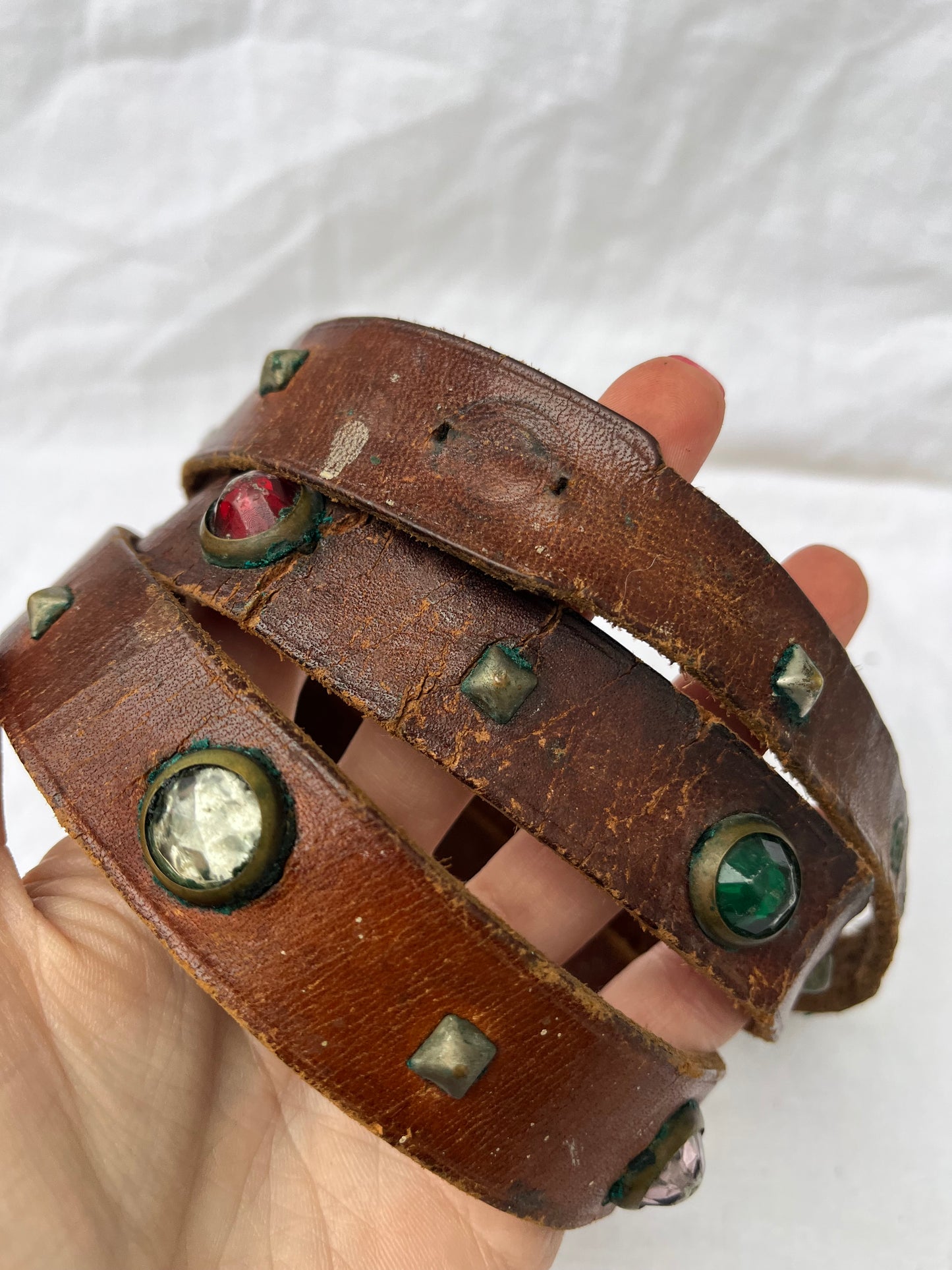 1950s Studded and Jeweled Thin Brown Leather Belt 37”-41” Plus Additional Belt