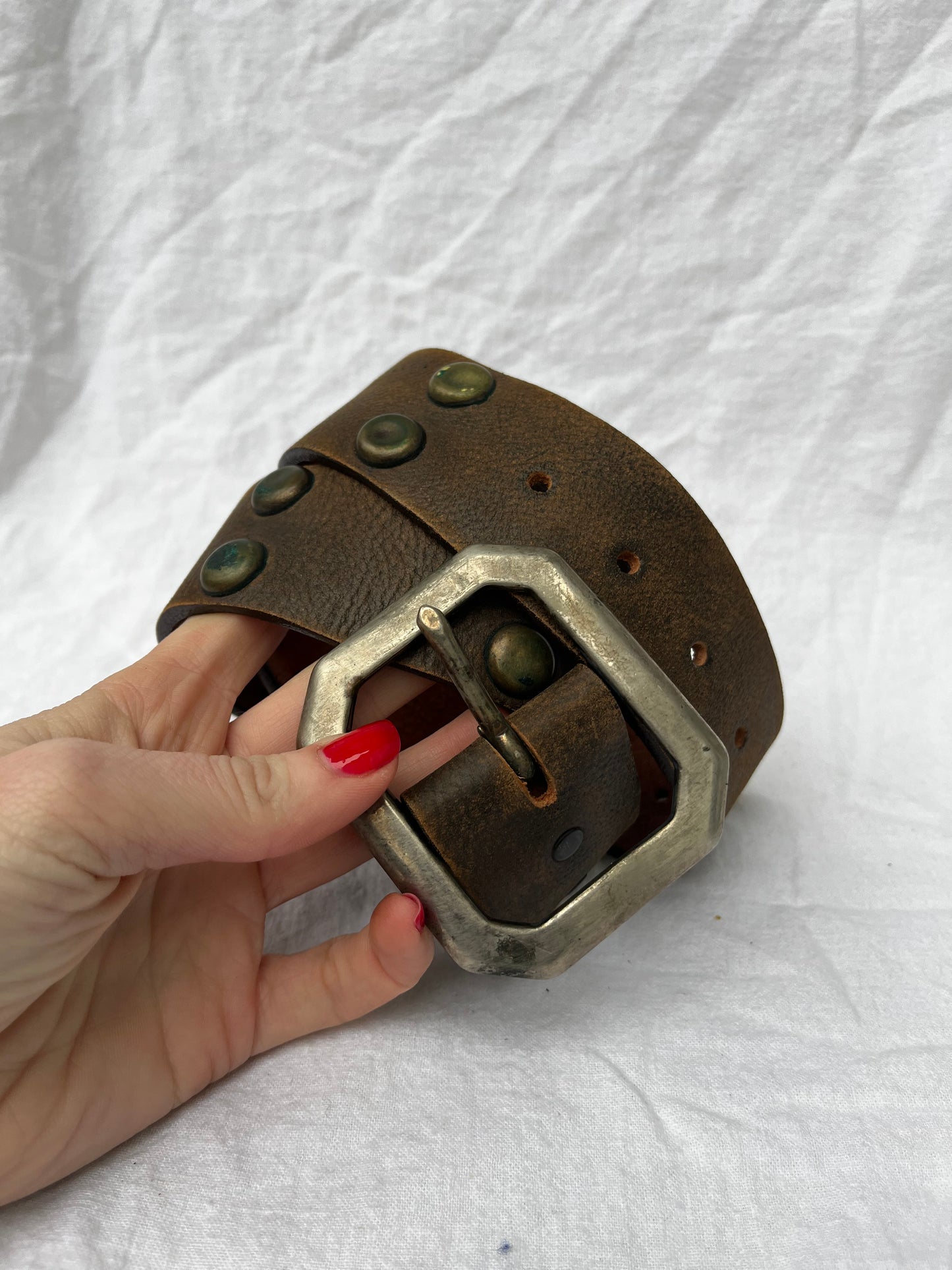 Brown Leather Belt with Brass Studs 32”-38”