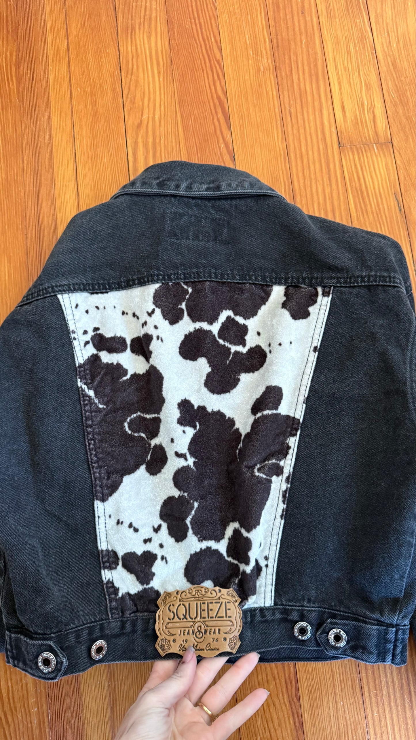 1980s Squeeze Black Denim Jacket with Cow Print