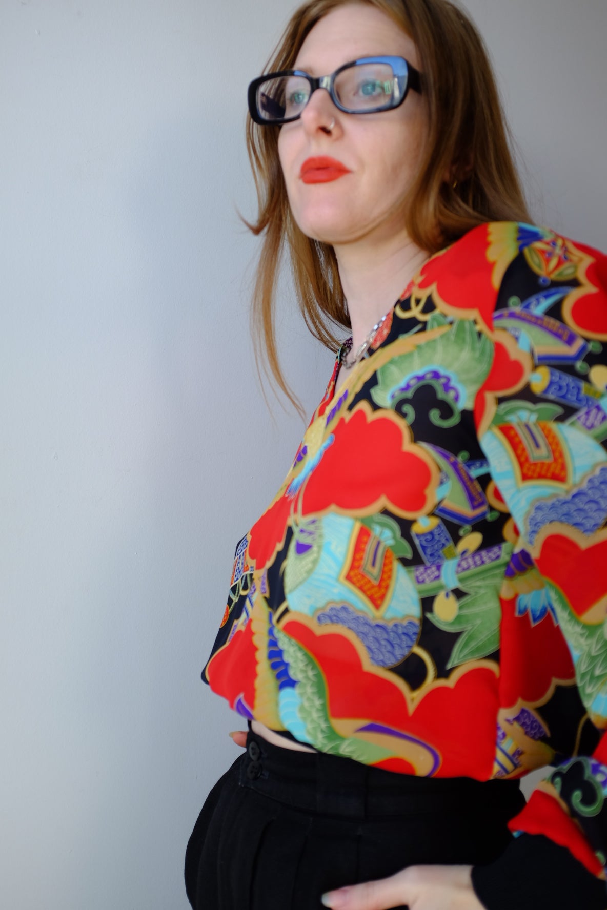 1970s All Over Print Silk Kimono Style Blouse