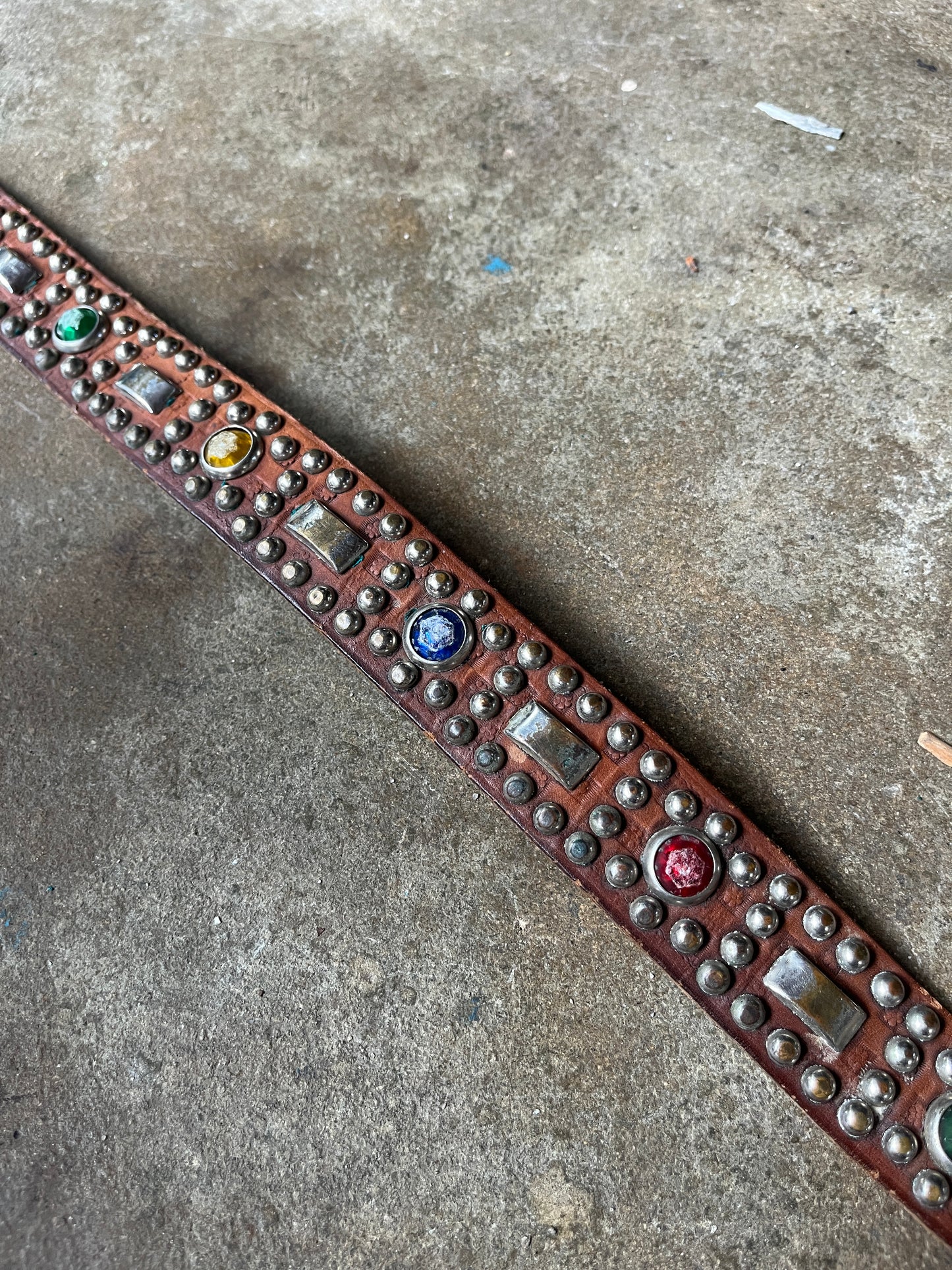 1940s Studded Jeweled Leather Belt Square Buckle 29”-35”