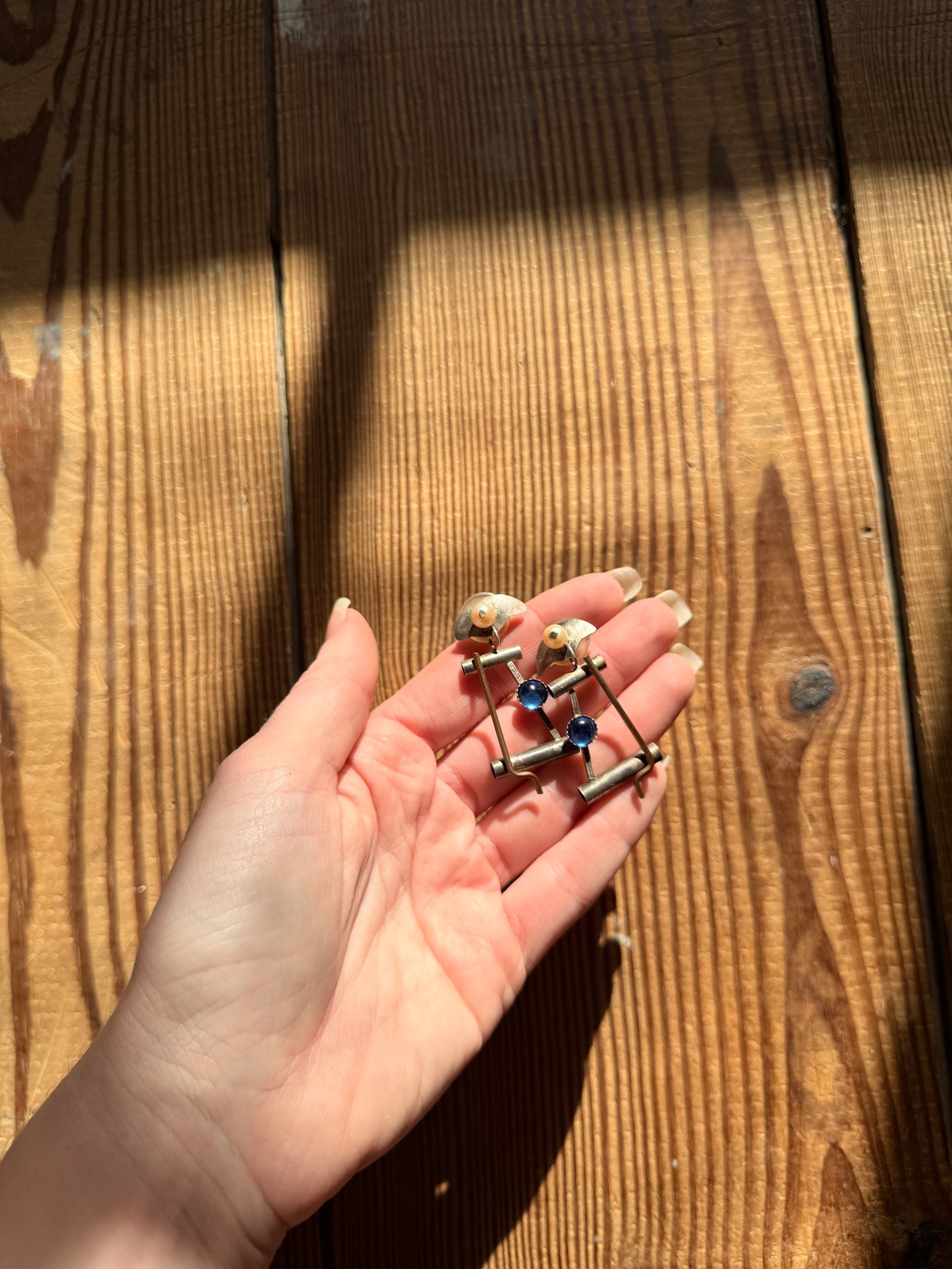 925 Silver Made by Hand Earrings with Pearl and Blue Stone