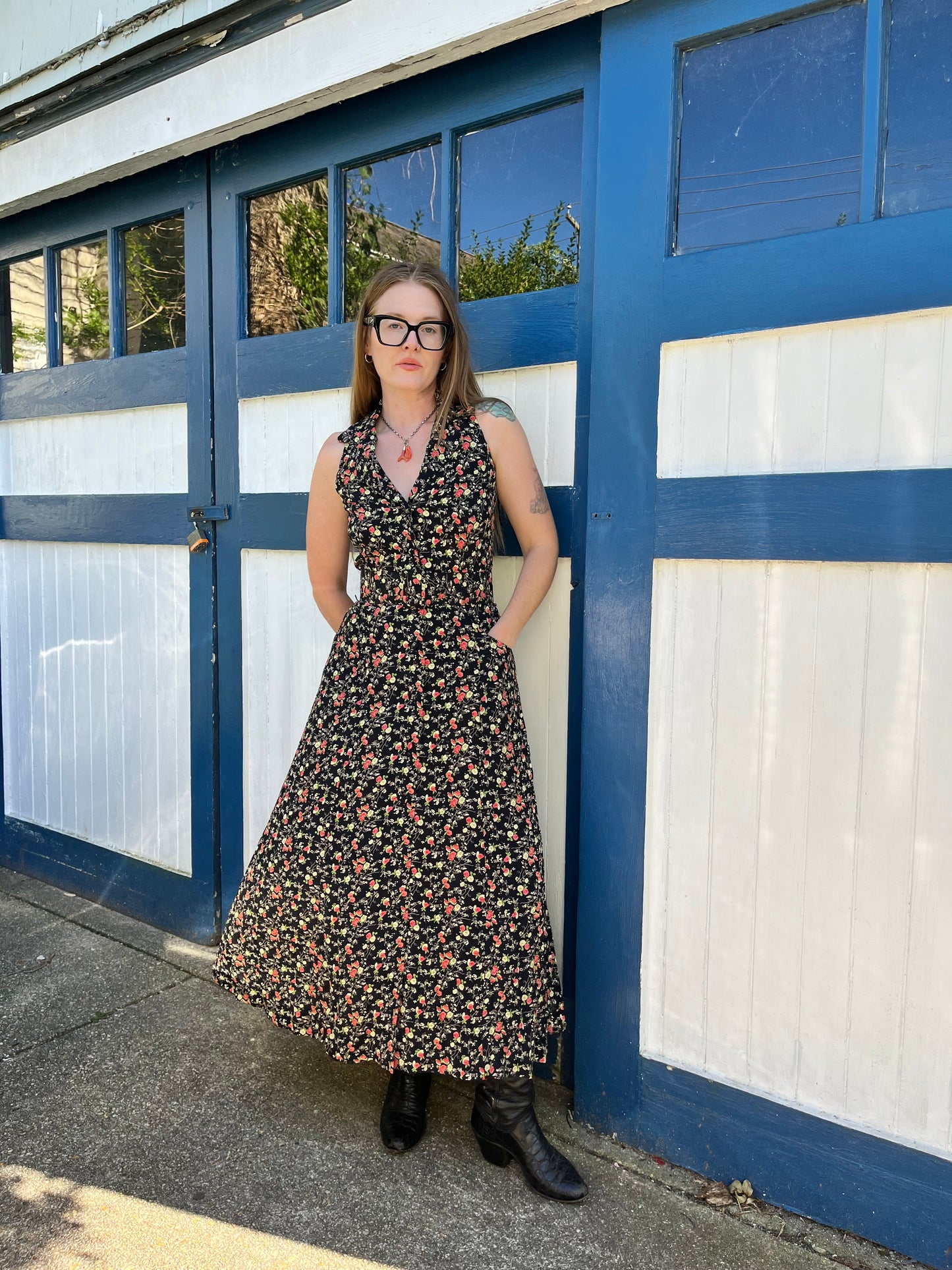 1990's 100% Rayon Black Floral Maxi Dress Elizabeth Wayman