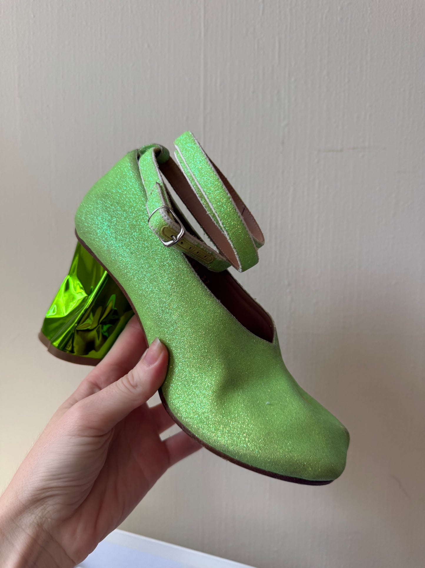 Maison Margiela Green Sparkly Dented Heel Lace Up Heels