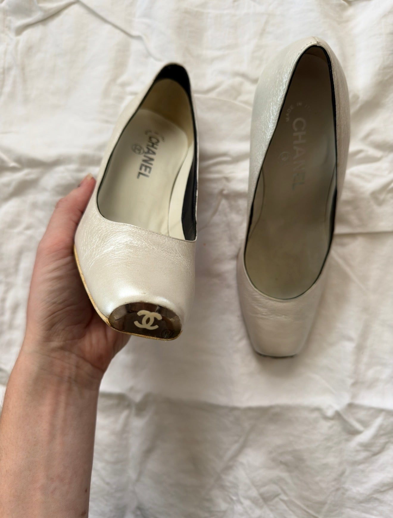 Vintage White Square Toe Chanel Heels 36.5