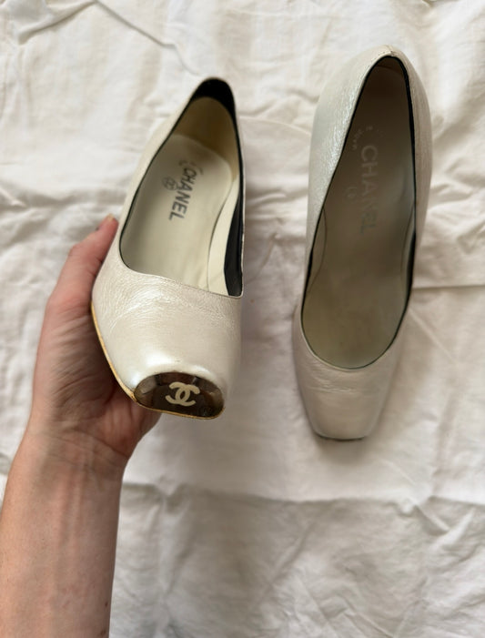 Vintage White Square Toe Chanel Heels 36.5