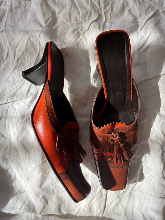 Vintage Burnt Orange Leather Prada Tassel Mule Heel 36.5