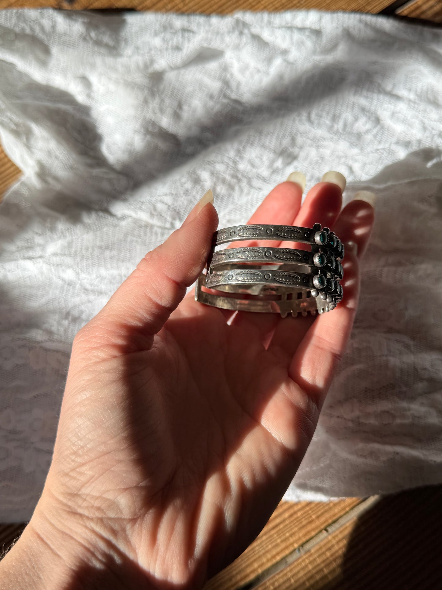 Antique Zuni 3 Row Snake Eye Turquoise 925 Silver Cuff