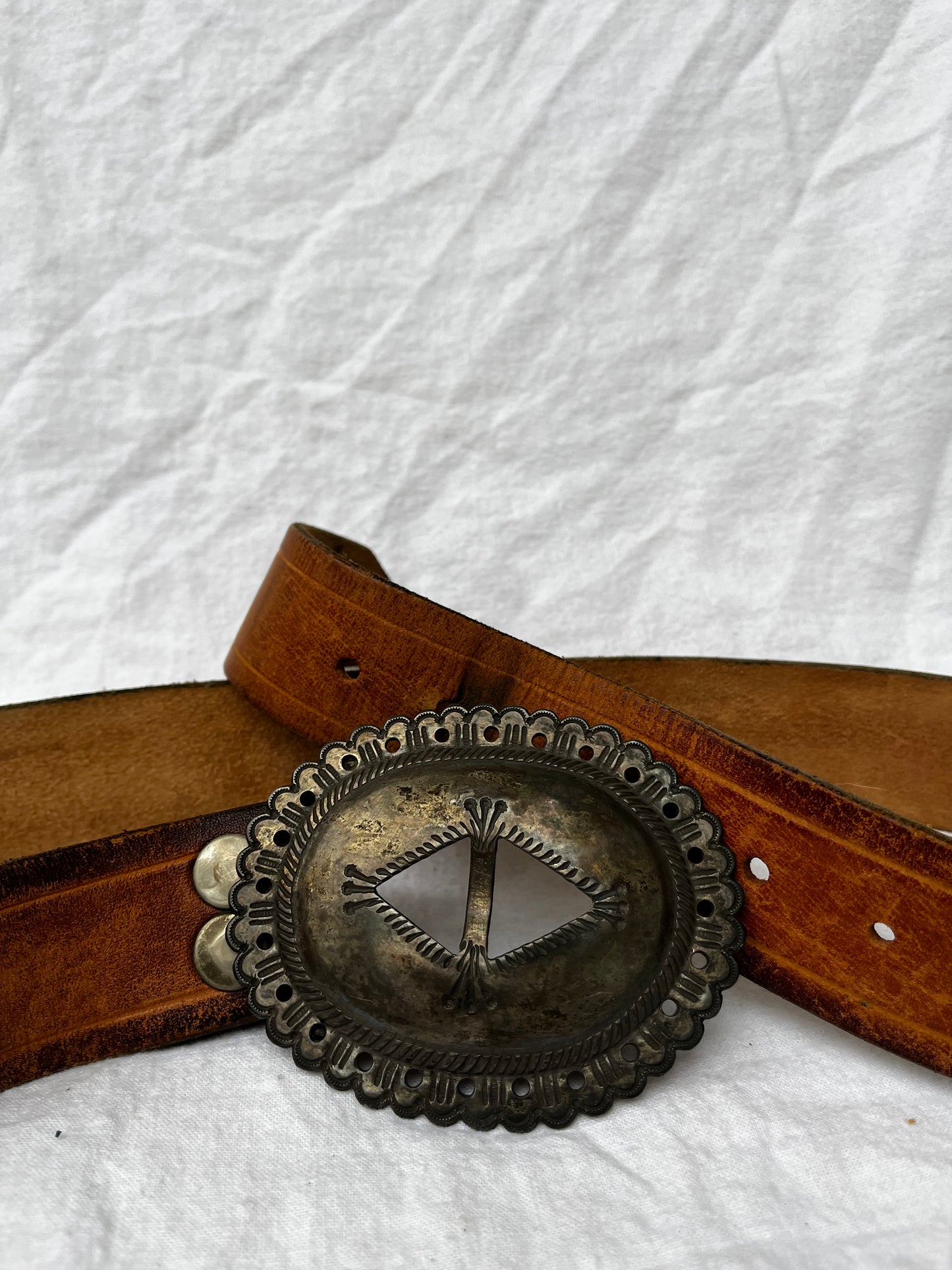 Brown Leather Belt with Double RRL Concho Buckle 29”-36”