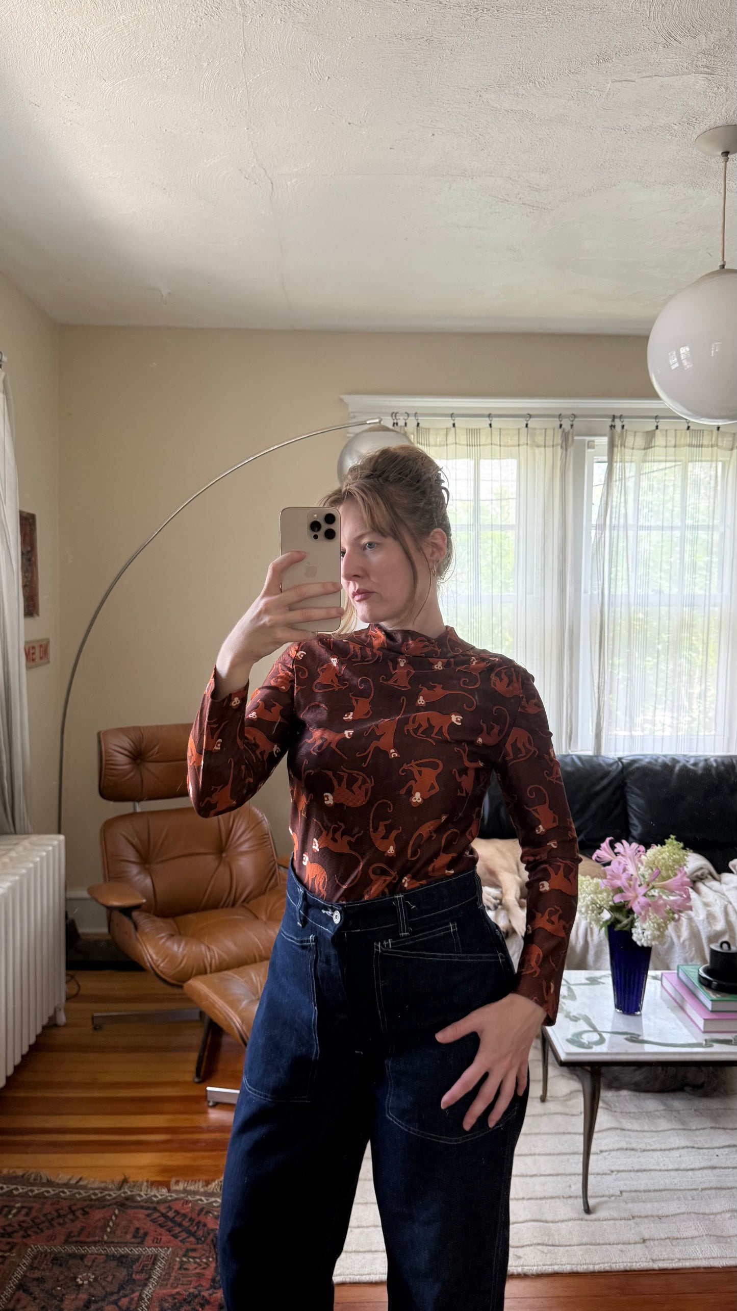 1970s All Over Monkey Print Long Sleeve Blouse M
