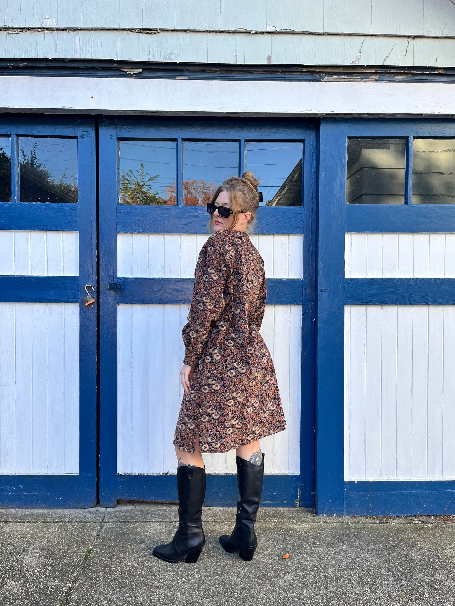 1970s Floral Corduroy Duster Dress