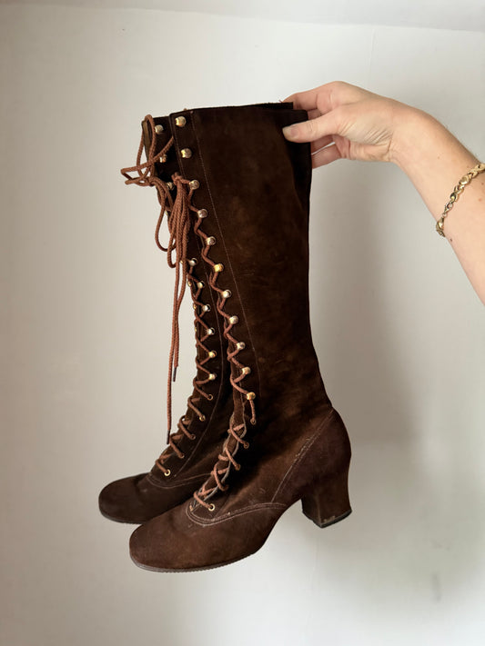 1970s Lace Up Tall Brown Boots 6