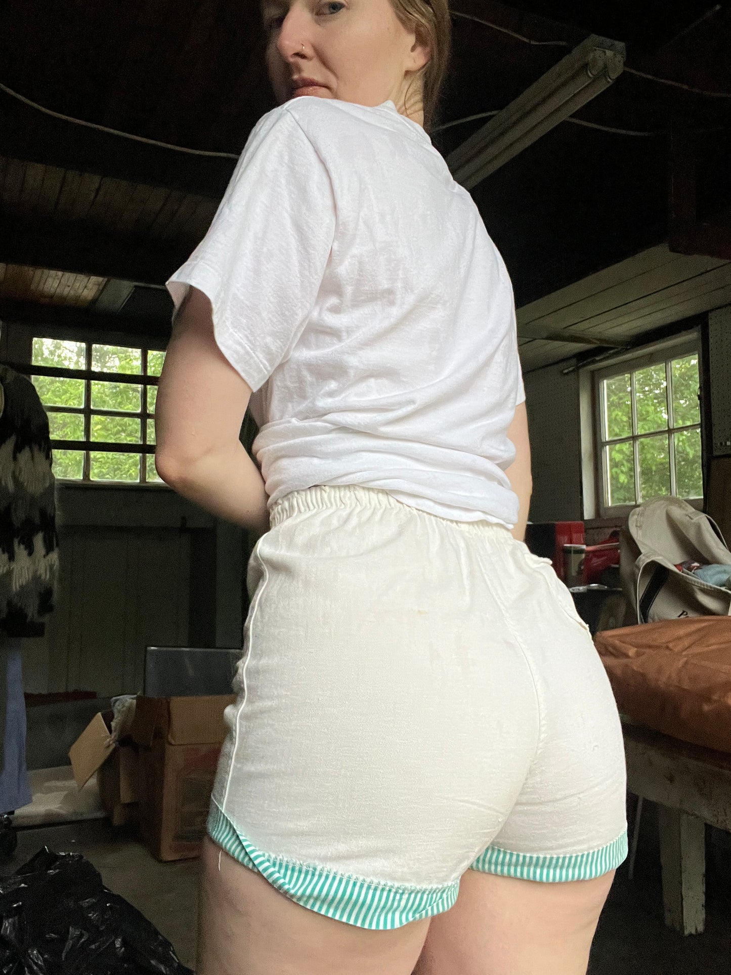 1950s White with Teal Stripe Cotton Gym Shorts S