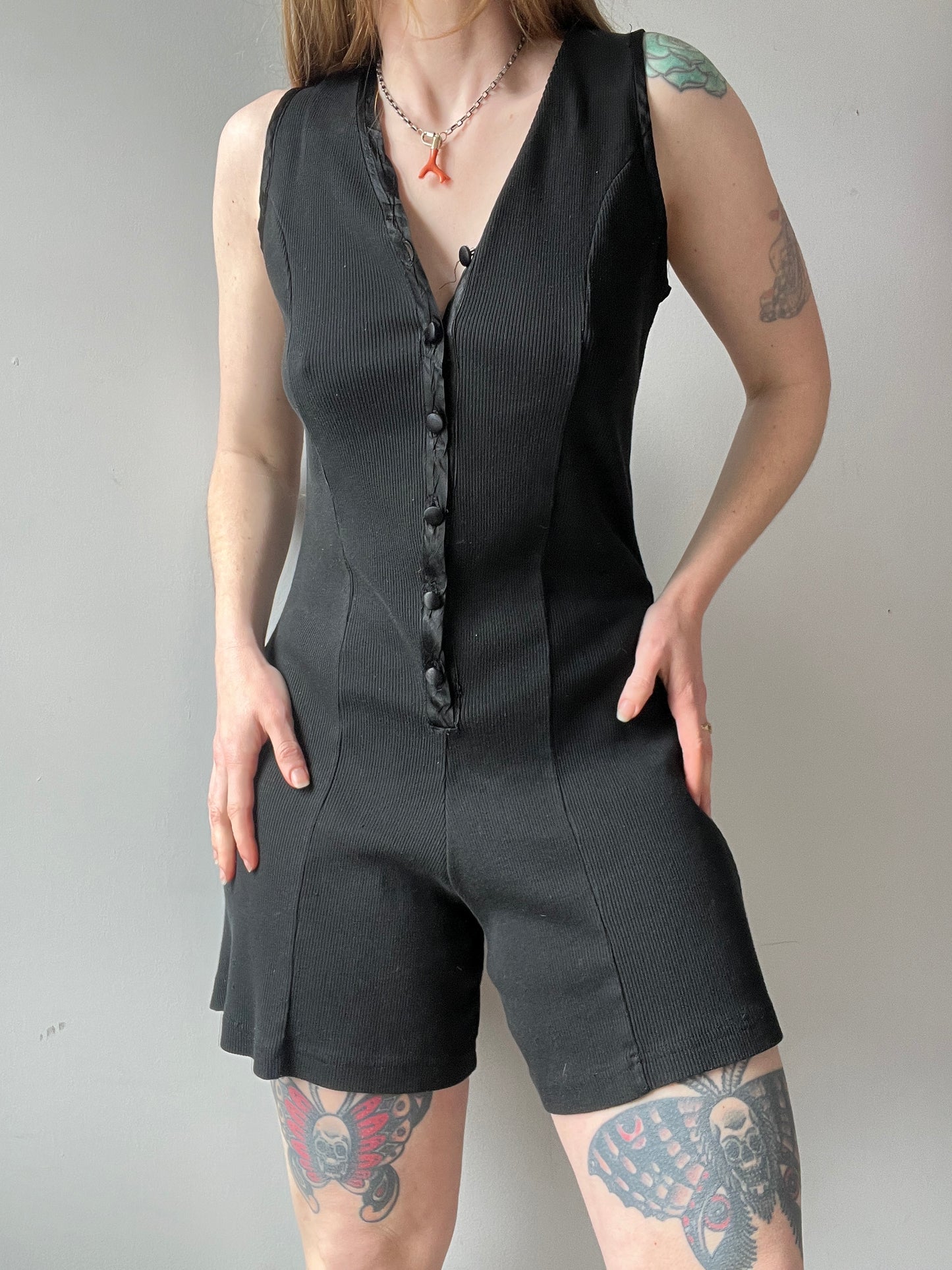 1980s Black Ribbed Button Up Romper M