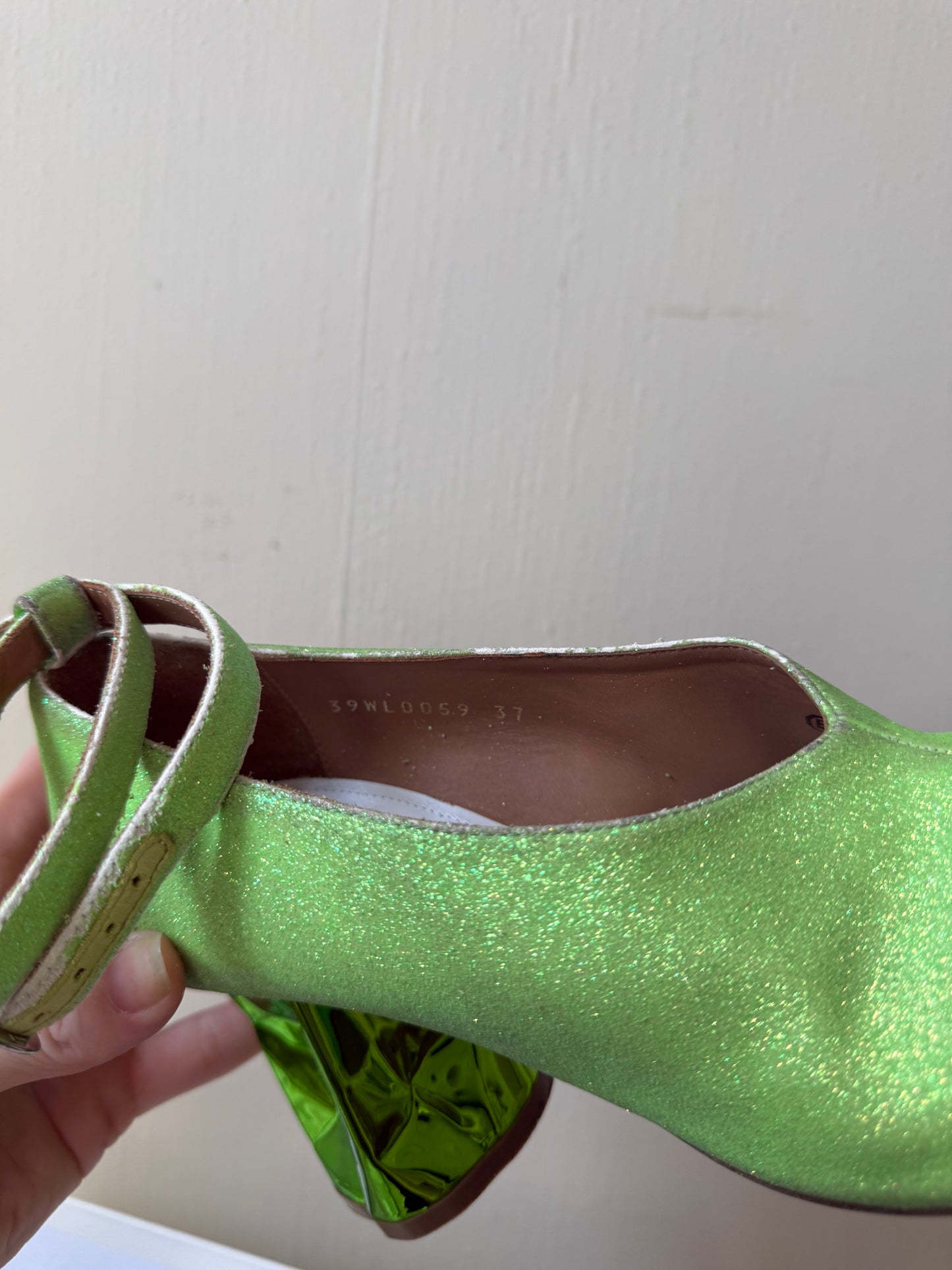 Maison Margiela Green Sparkly Dented Heel Lace Up Heels